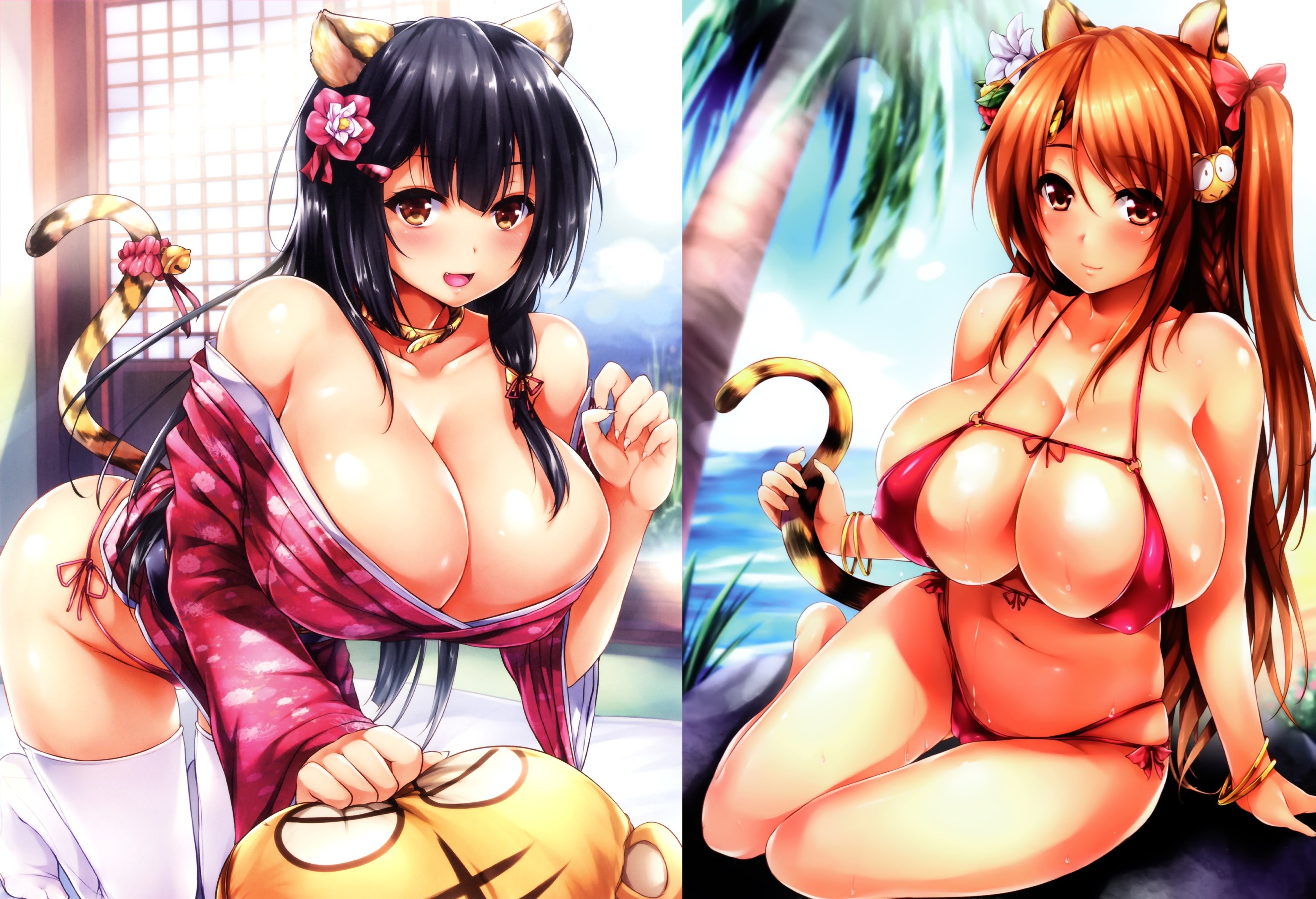 Anime 3500x2392 anime girls kimono bikini big boobs animal ears cat girl Toranoana goban nipple bulge huge breasts