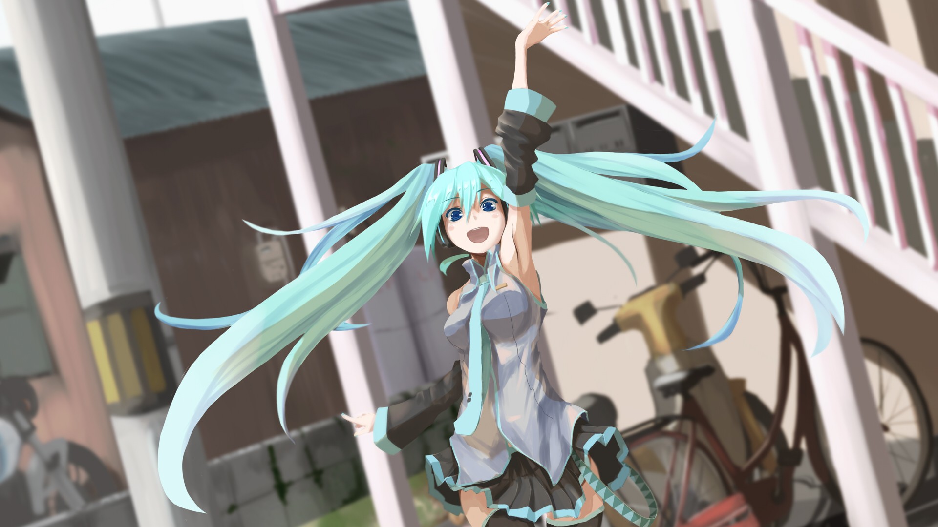 Anime 1920x1080 anime Vocaloid Hatsune Miku anime girls cyan hair blue eyes arms up open mouth bicycle looking at viewer long hair miniskirt