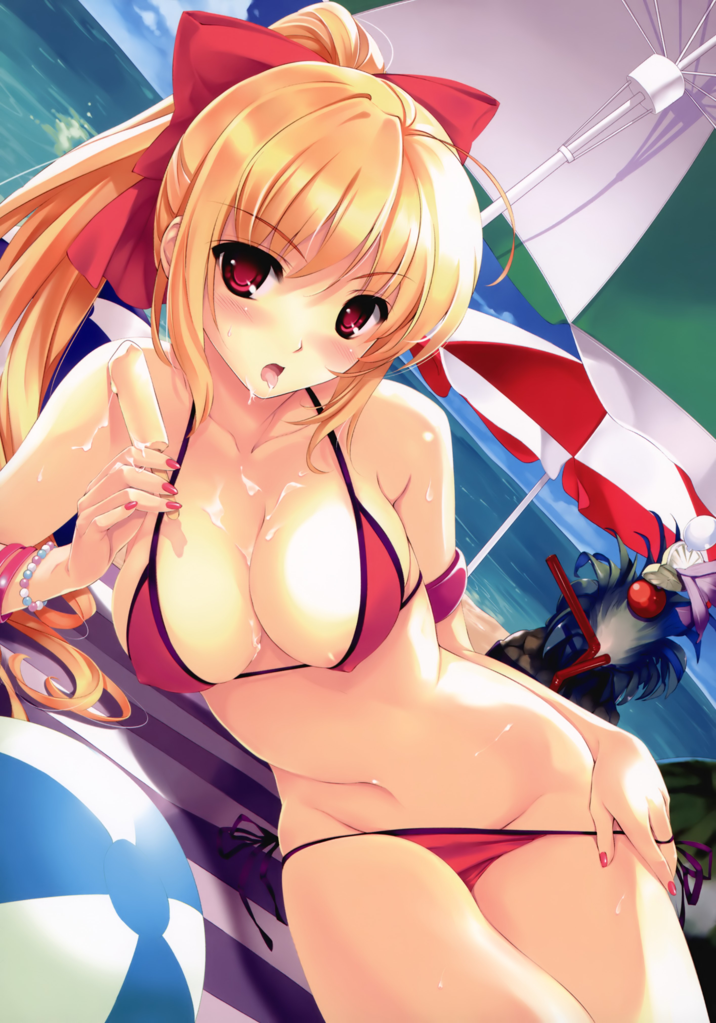 Anime 2830x4042 bikini beach wet body lying down wet clothing Misaki Kurehito ice cream cleavage Mizuhara Erika anime girls anime boobs belly red eyes food sweets popsicle looking at viewer red nails painted nails women on beach parasol nipples through clothing undressing tongue out