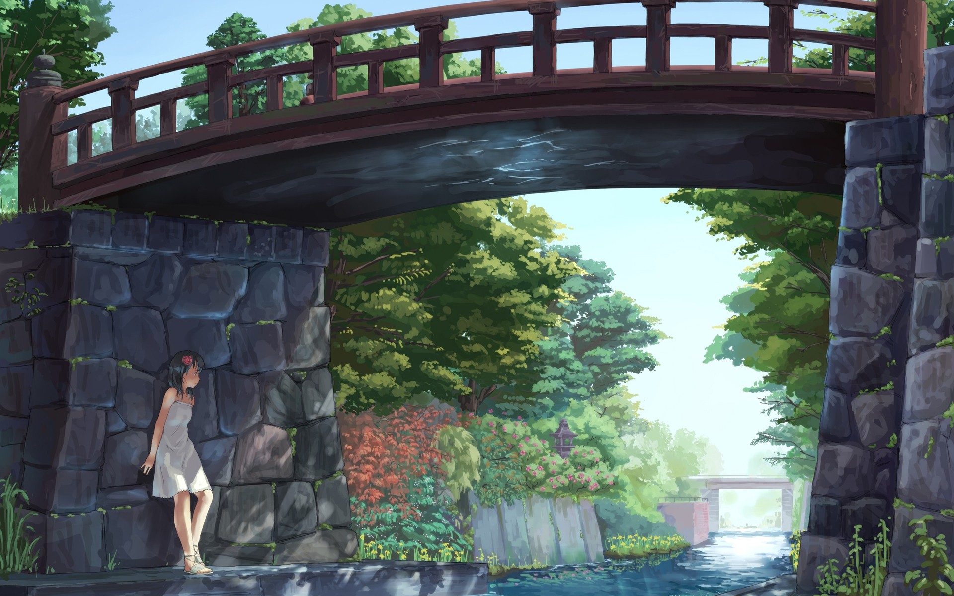 Anime 1920x1200 white dress bridge anime girls anime trees women outdoors black hair flower in hair