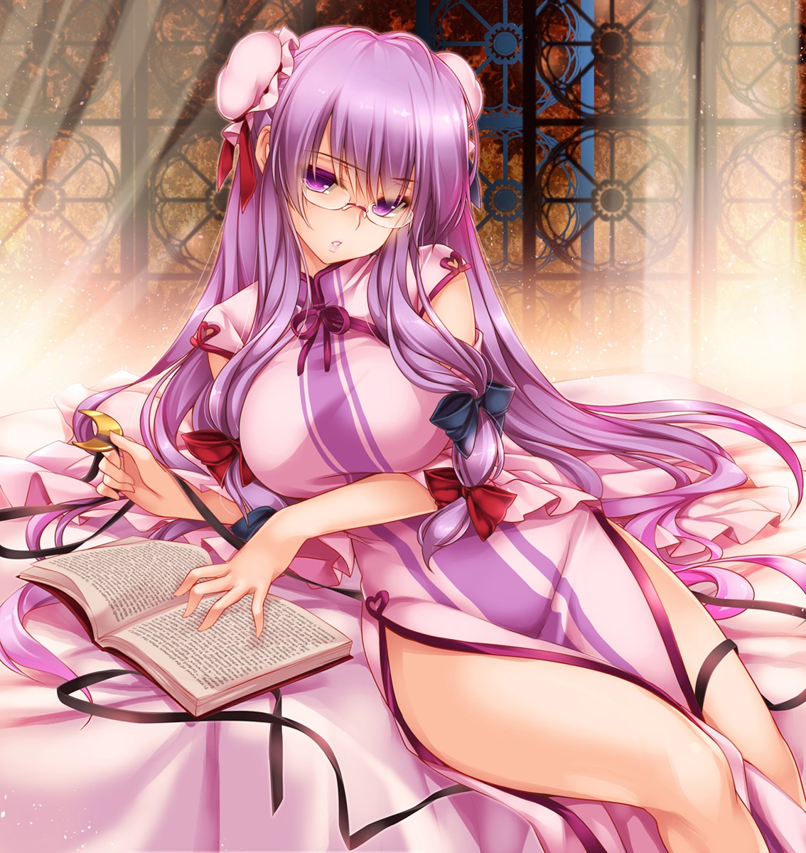 Anime 1134x1200 lying down pink hair thighs glasses Patchouli Knowledge Touhou Monety Moneti anime girls anime purple hair boobs big boobs huge breasts books