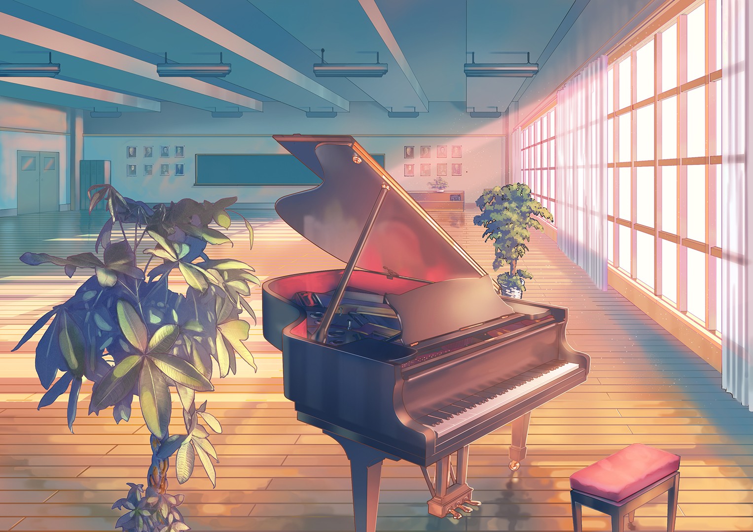 Anime 1527x1080 anime piano classroom indoors musical instrument plants sun rays window