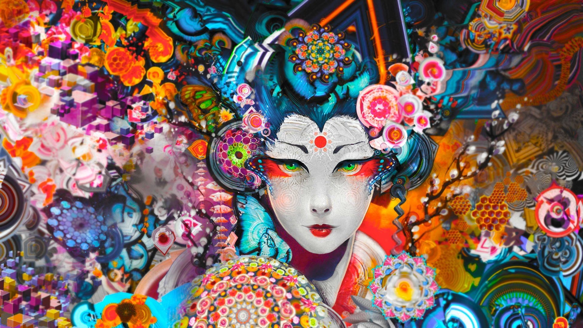 General 1920x1080 geisha digital art colorful women face artwork portrait green eyes fantasy art