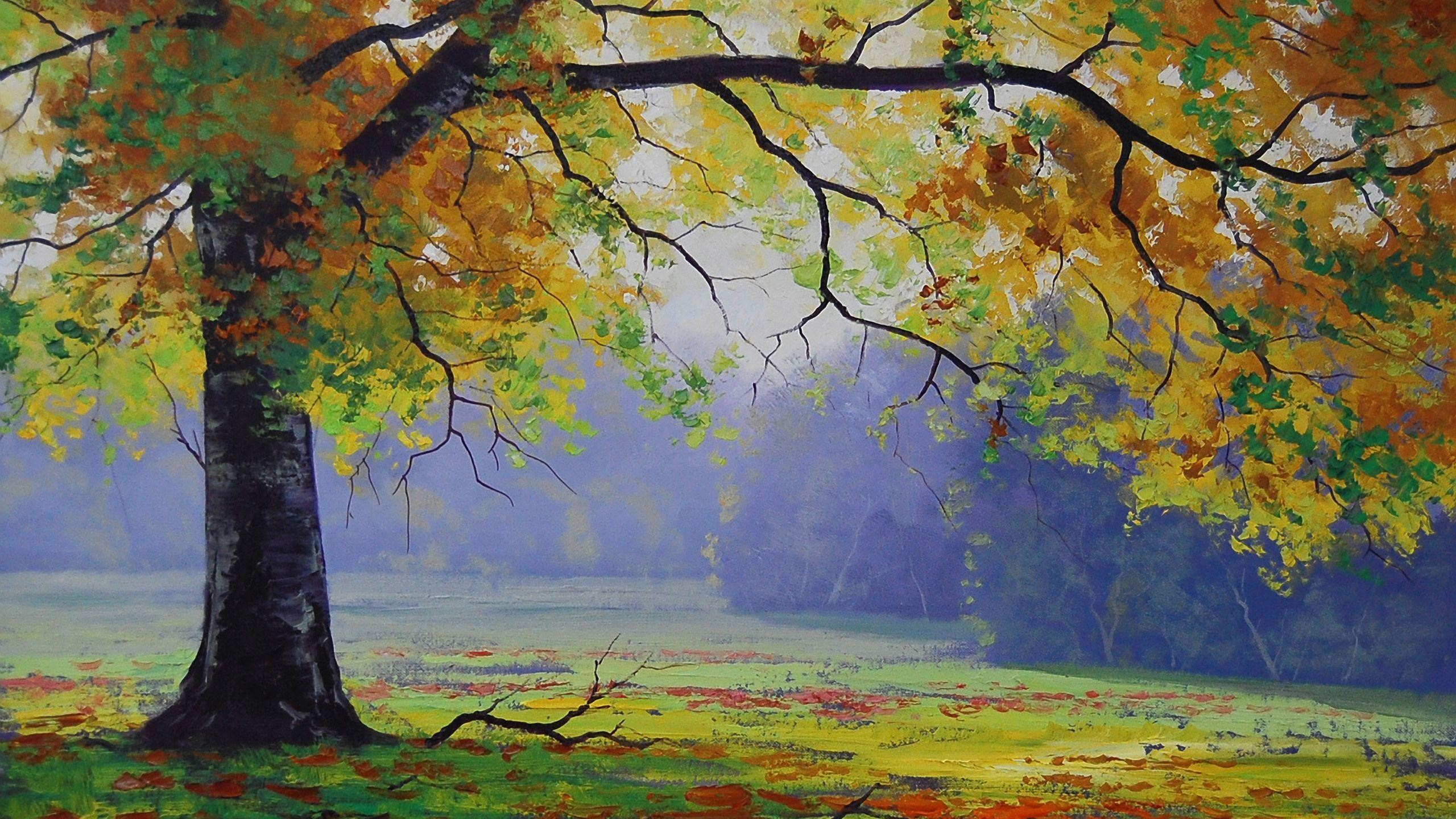 General 2560x1440 painting nature trees leaves artwork
