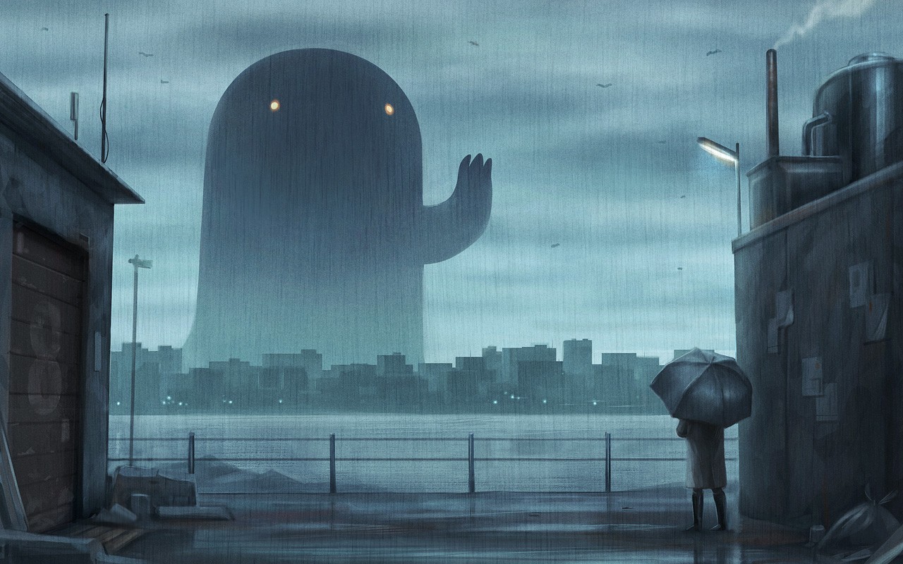 Anime 1280x800 artwork creature umbrella rain cityscape anime cyan dark city sky
