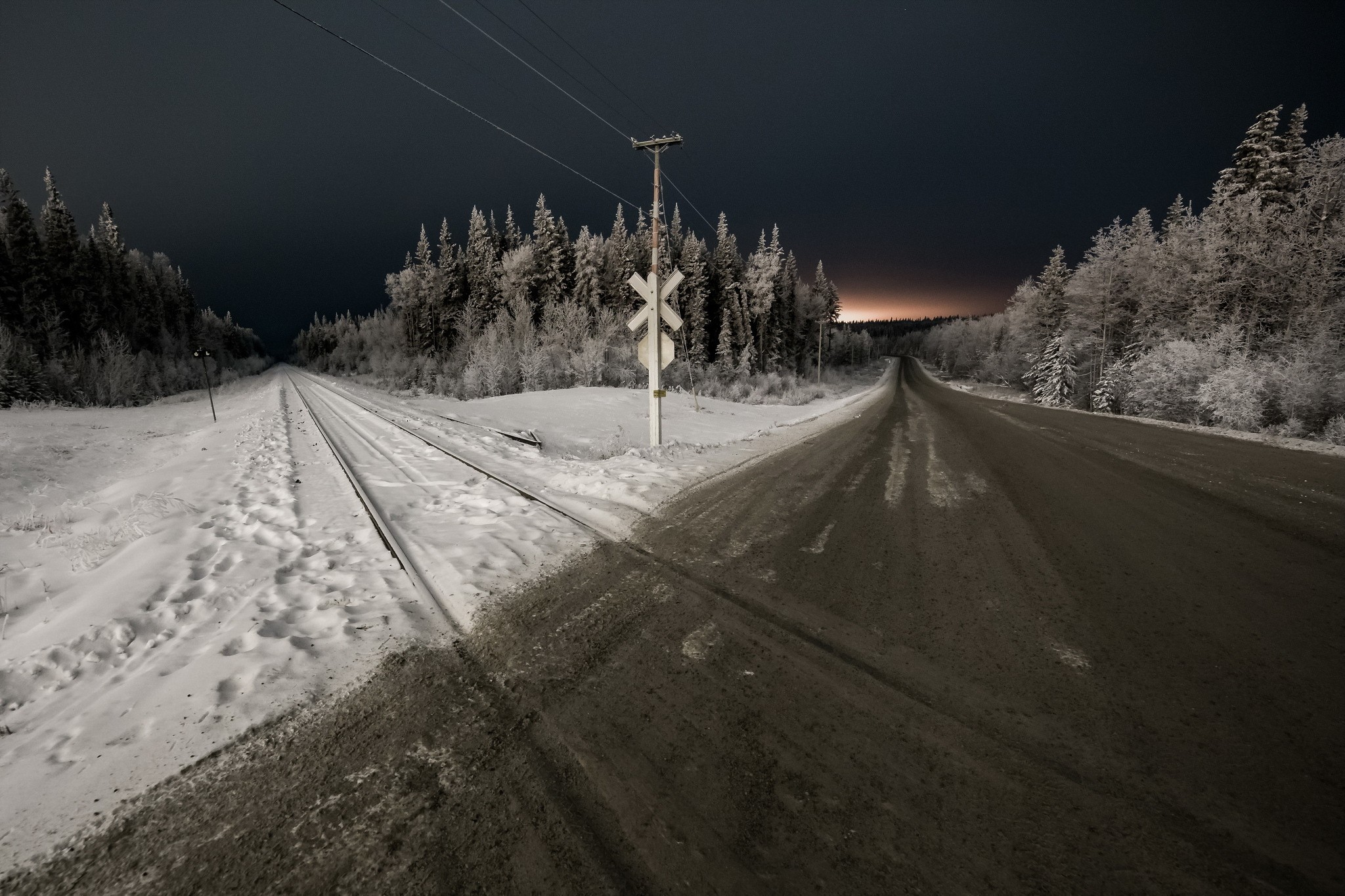 General 2048x1365 railway crossing night road snow trees cold railway outdoors