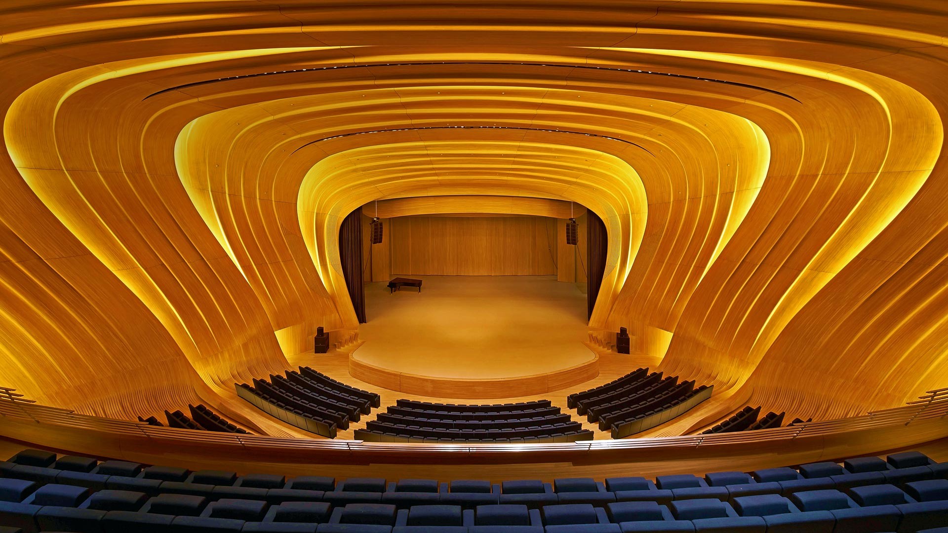 General 1920x1080 symmetry interior modern concert hall Baku Azerbaijan chair podiums stages lights piano wooden surface yellow warm colors