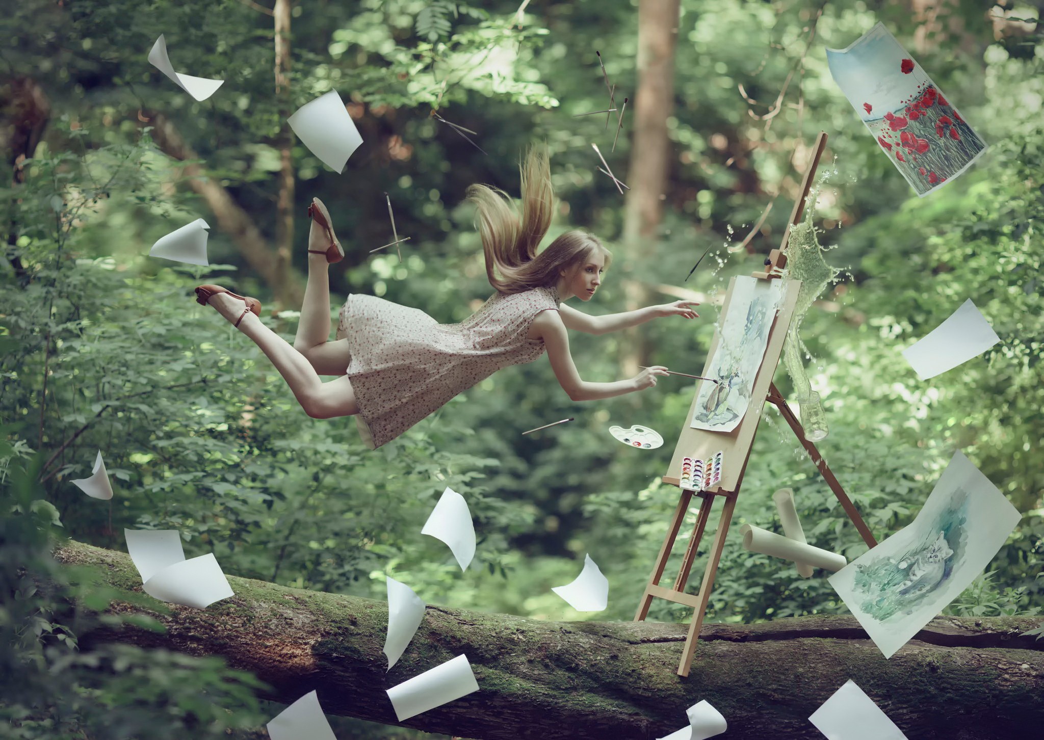 People 2048x1452 fantasy art women model easel painting paper floating windy blonde tree trunk plants trees digital art