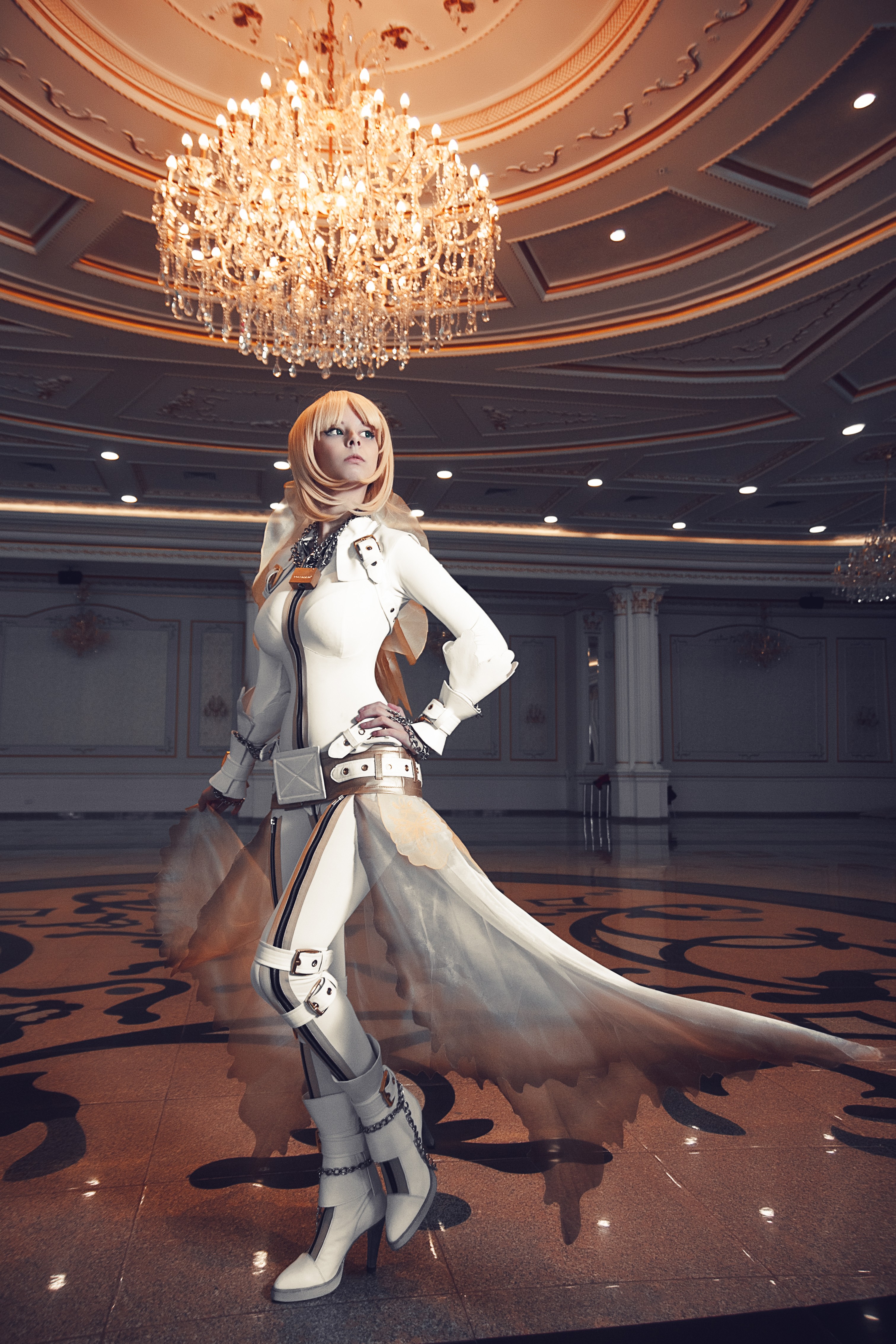 People 3023x4533 suits boots cosplay Saber Bride long hair blonde blue eyes leather boots leather clothing ballroom Helly von Valentine DeviantArt women model women indoors
