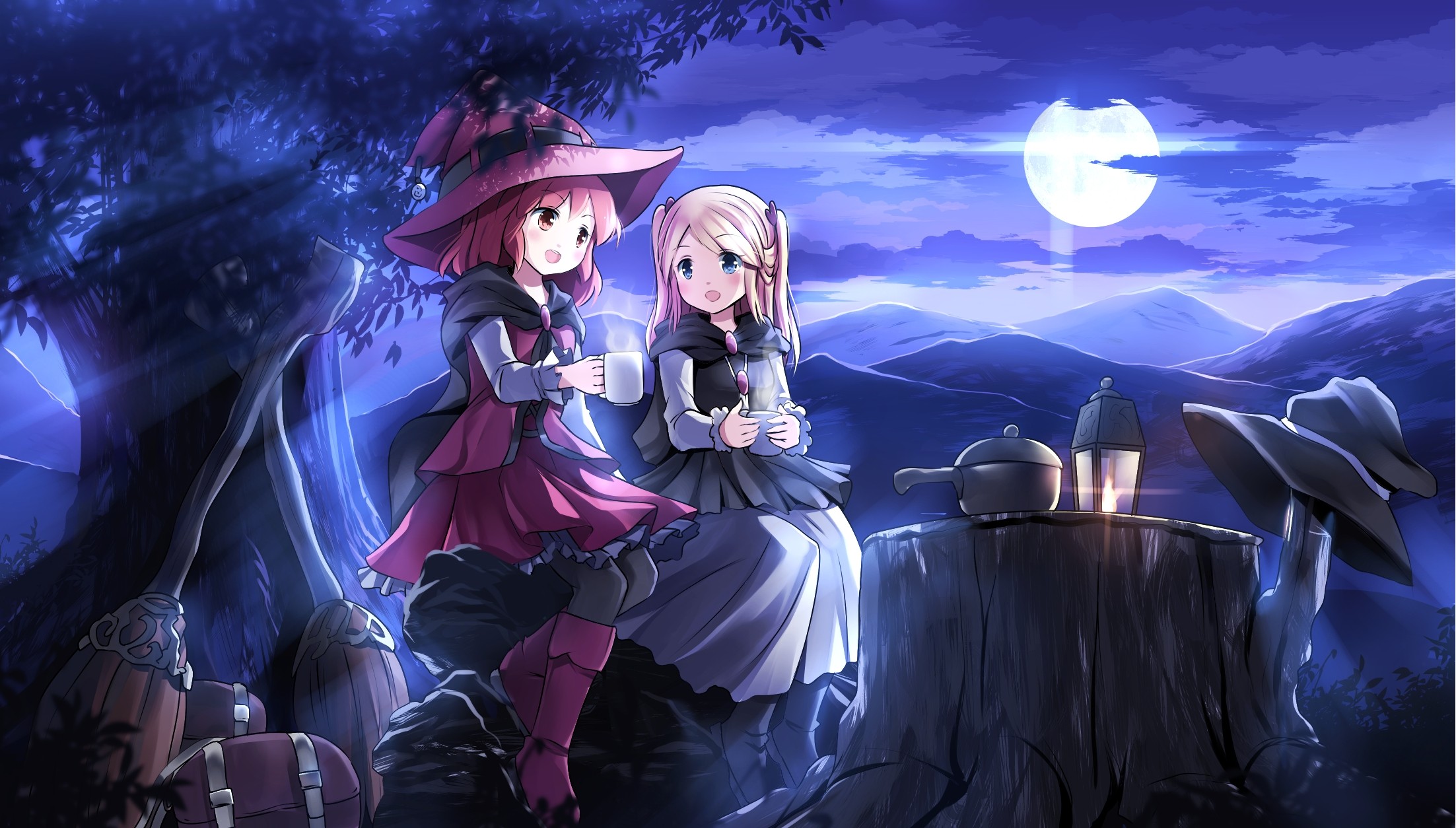 Anime 2205x1254 anime anime girls original characters magician blonde long hair short hair pink hair Moon night open mouth smiling sky clouds hat two women Pixiv fantasy art fantasy girl