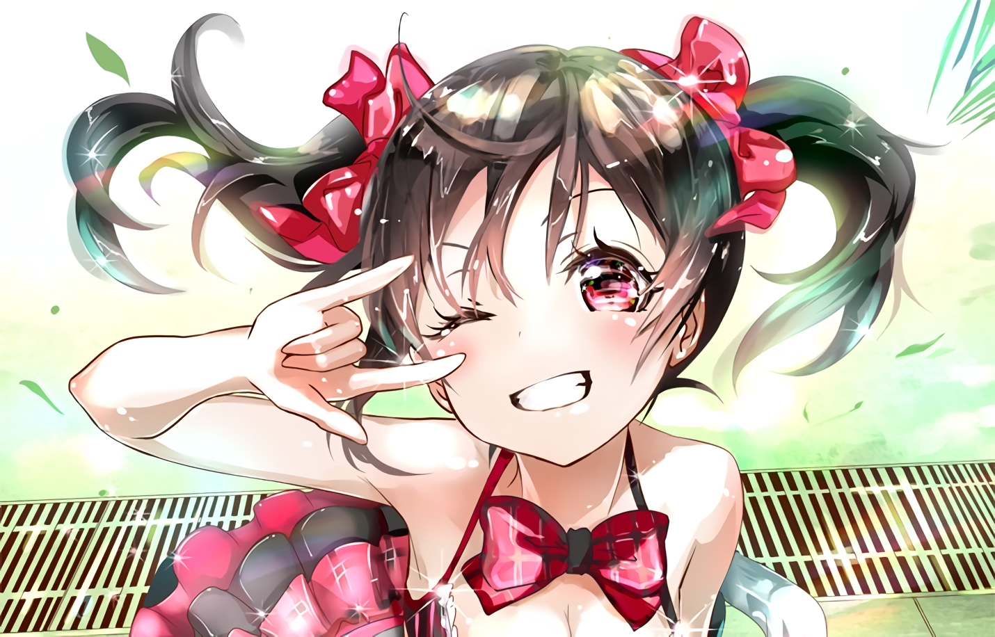 Anime 1430x916 Love Live! Yazawa Nico twintails red eyes anime anime girls one eye closed hand gesture brunette smiling white background