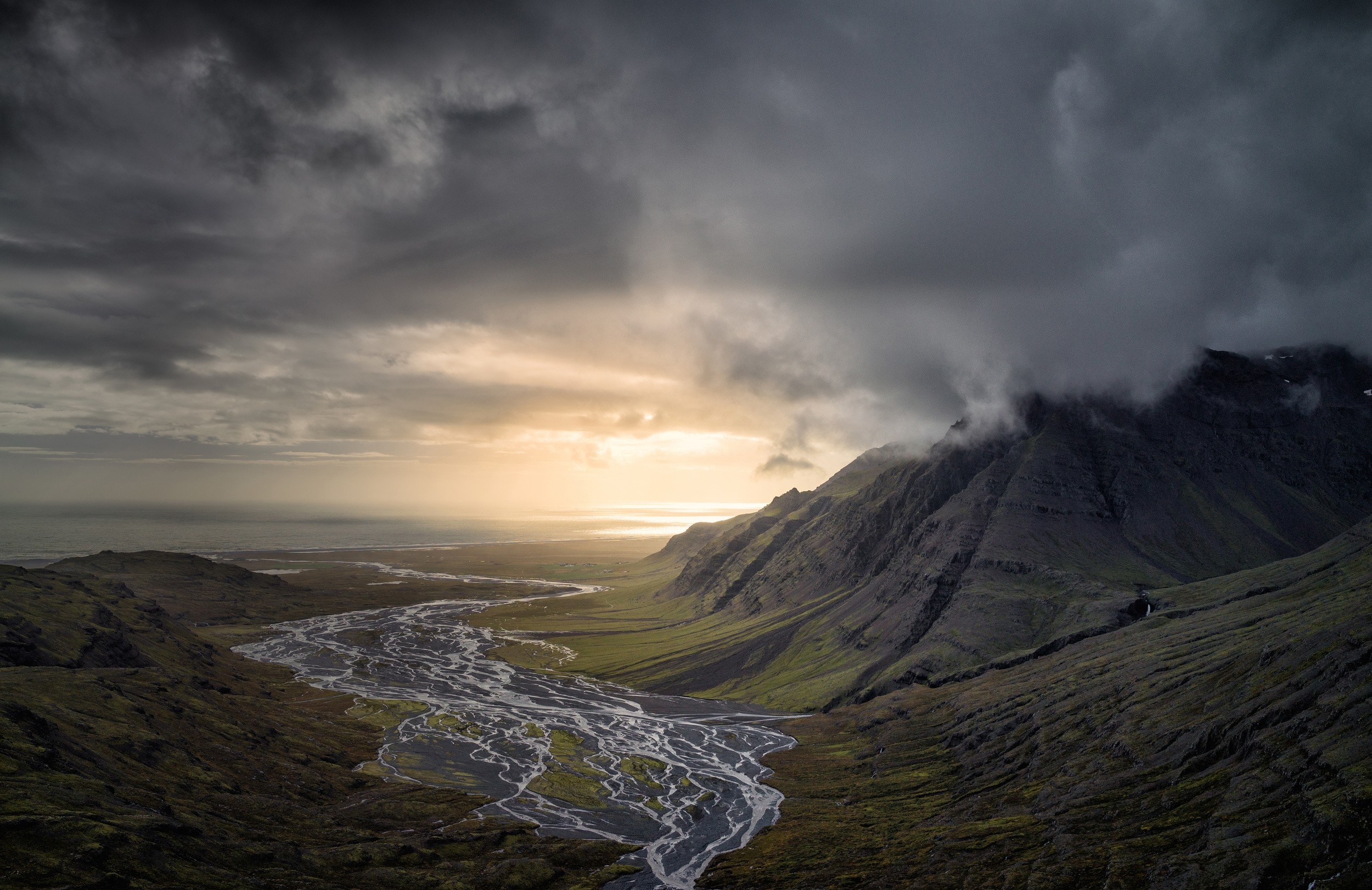 General 2500x1623 nature landscape dark clouds mountains river valley sunset sea Iceland nordic landscapes