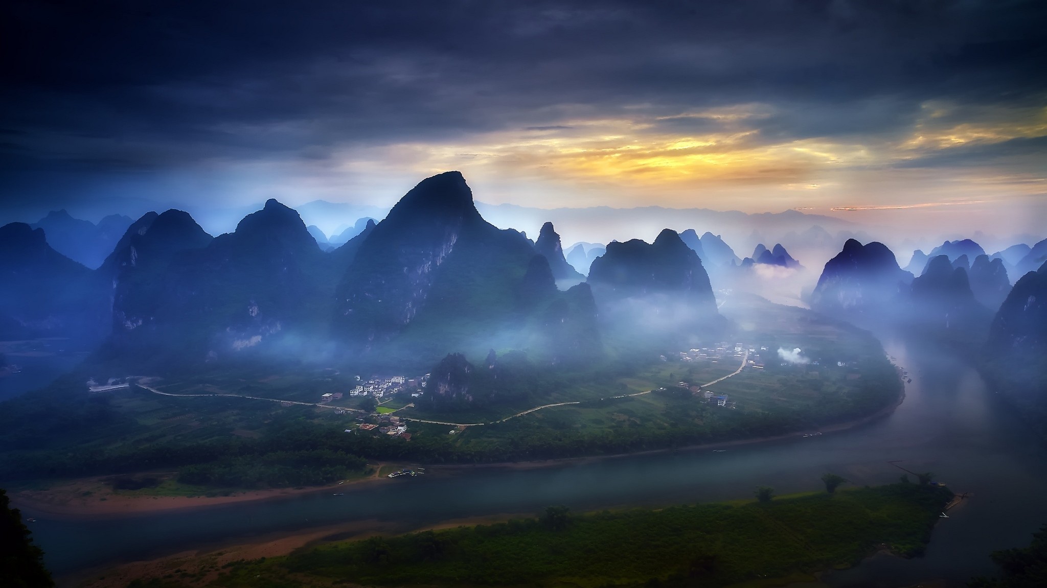 General 2048x1151 nature landscape mountains river mist road sky town field blue Guilin