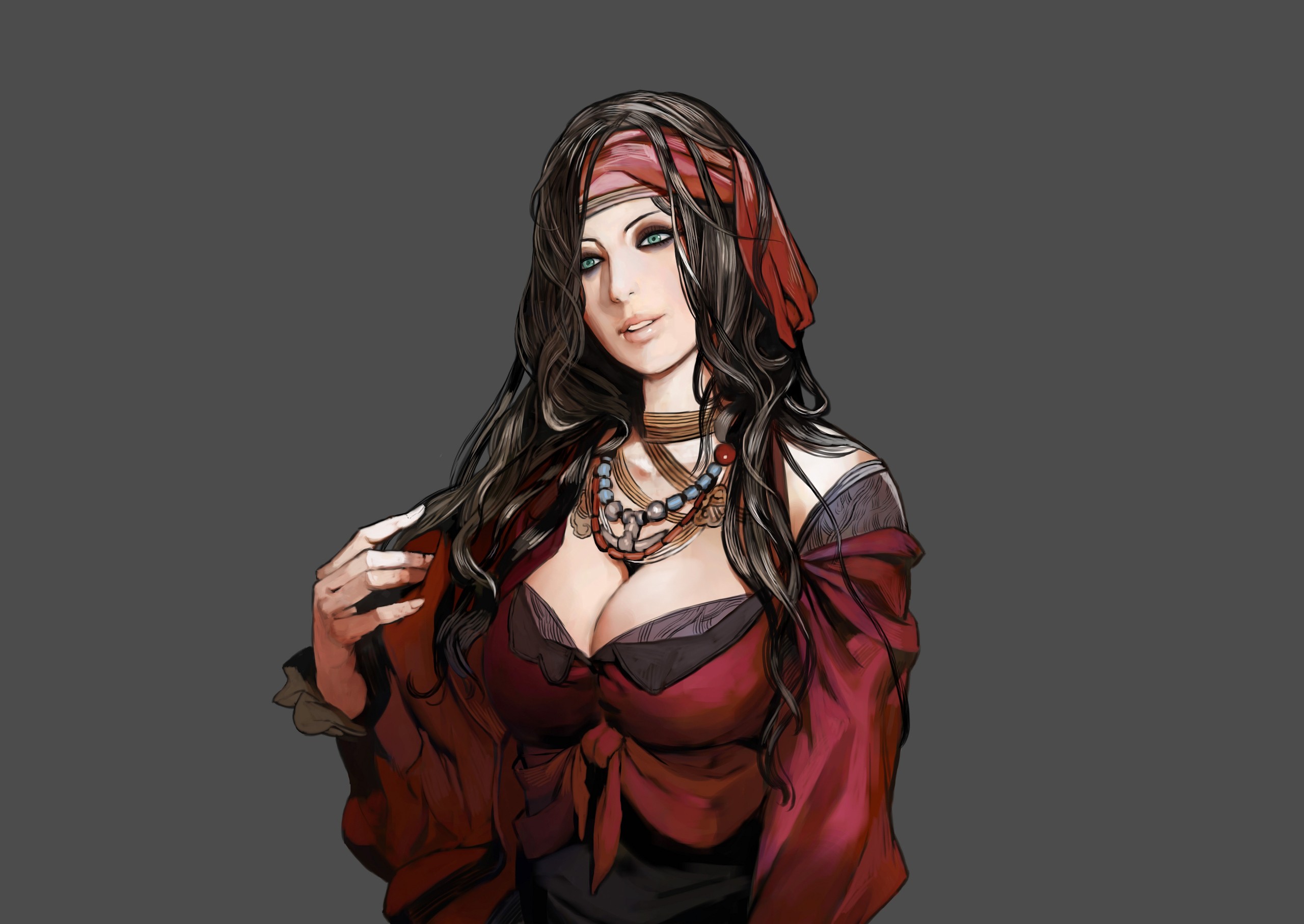 General 2560x1814 Castlevania video games big boobs fantasy girl simple background video game art video game girls boobs cleavage brunette long hair aqua eyes gray background