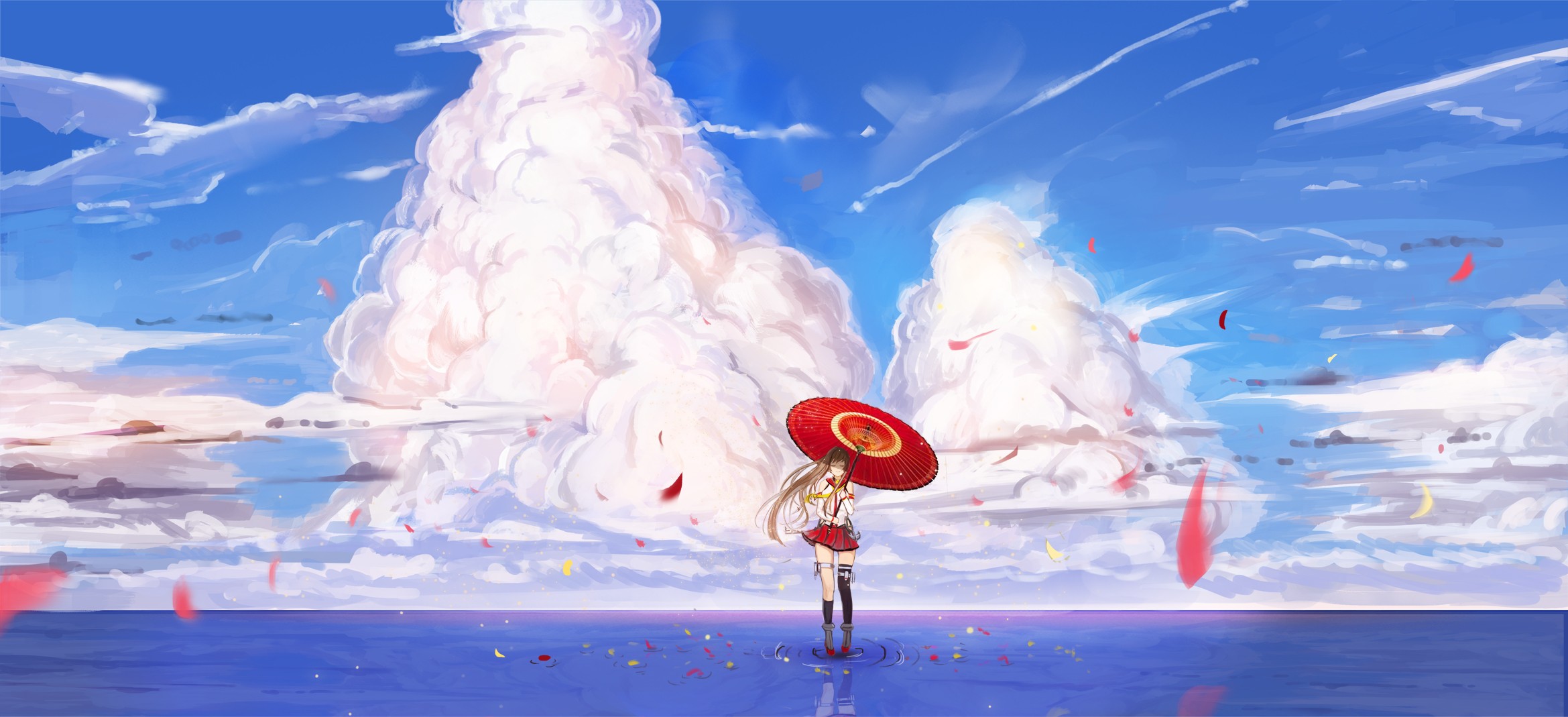 Anime 2339x1069 Yamato (KanColle) anime anime girls women outdoors sky clouds umbrella standing