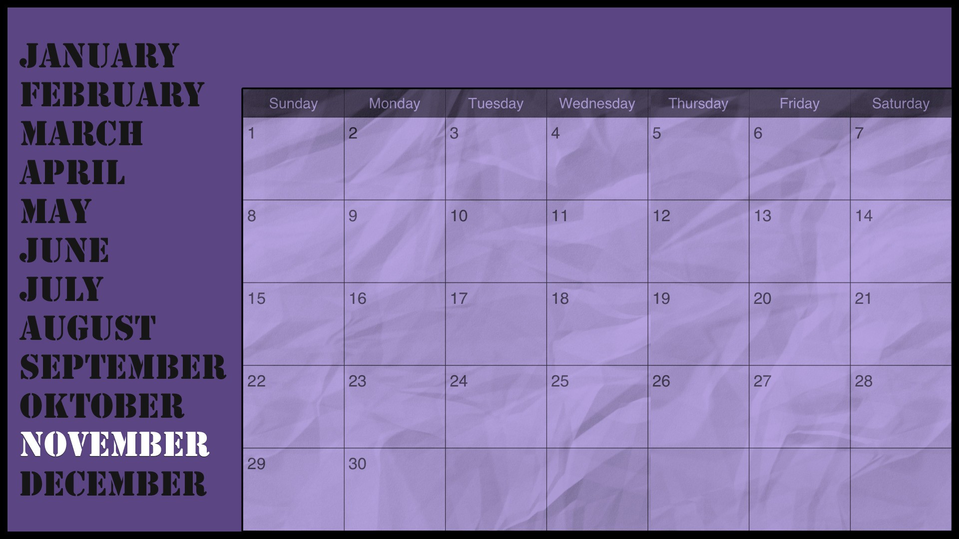 General 1920x1080 calendar paper November  numbers purple background 2015 (Year) simple background digital art