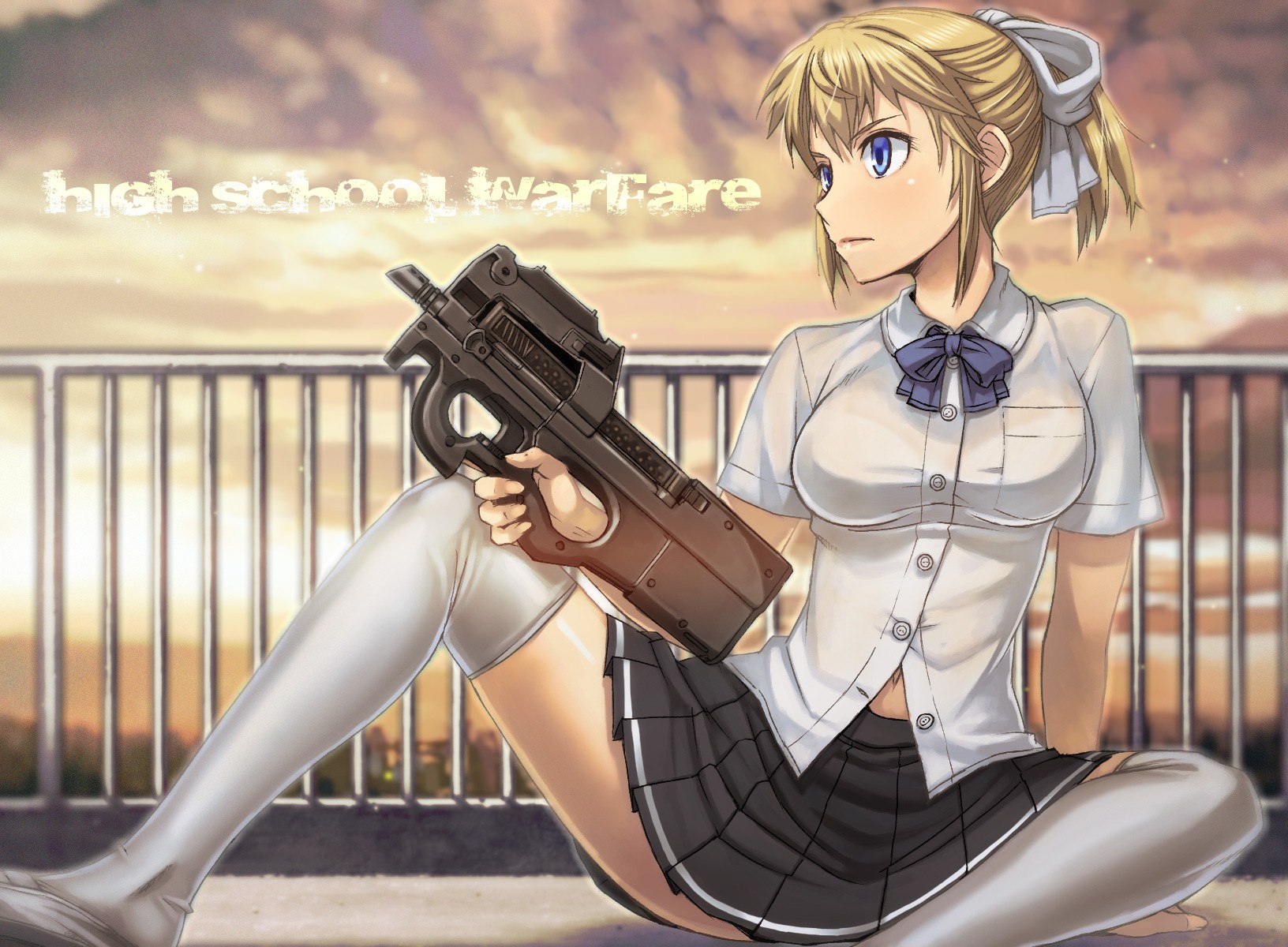 Anime 1632x1200 weapon anime anime girls miniskirt FN P90 knee-highs schoolgirl spread legs machine gun blue eyes blonde girls with guns looking away sitting