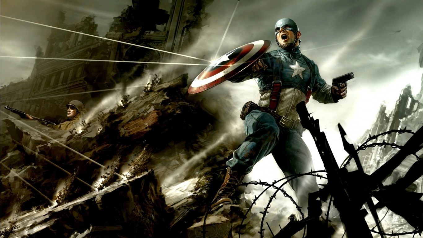 General 1366x768 Captain America comics Marvel Comics shield war battle gun men comic art superhero open mouth ruins