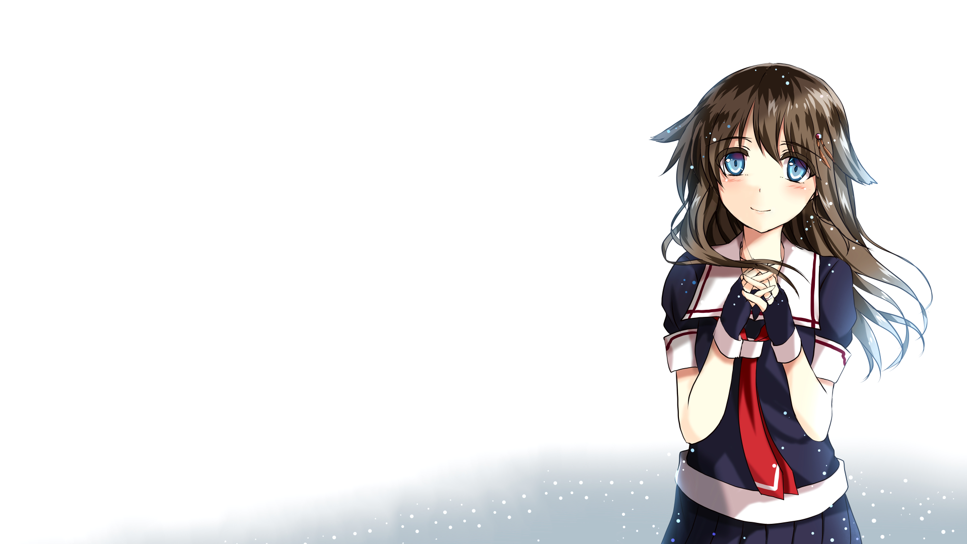 Anime 1920x1080 anime girls Kantai Collection blushing anime simple background white background brunette blue eyes tie long hair smiling looking at viewer