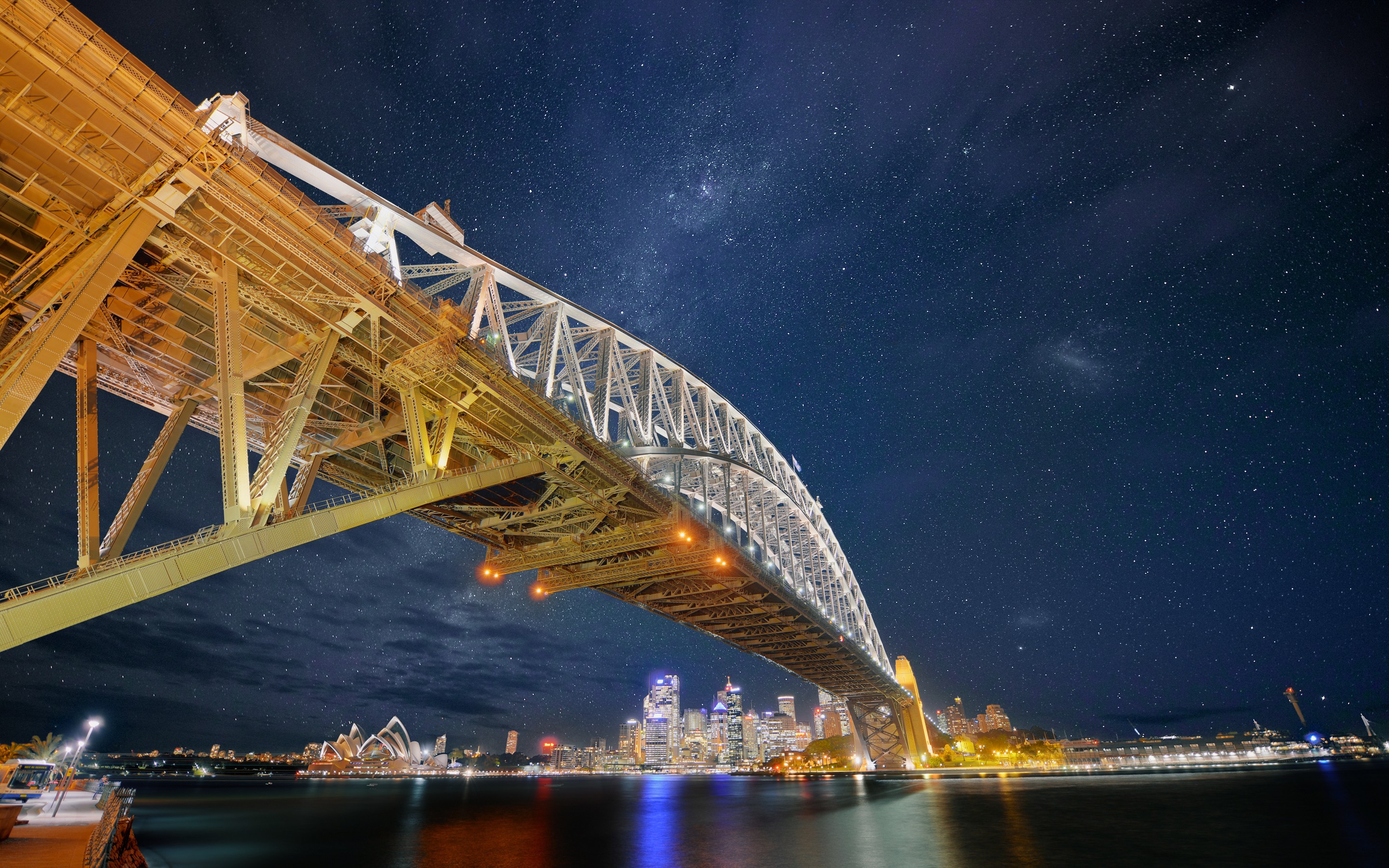 General 2880x1800 bridge stars night Sydney Harbour Bridge Australia cityscape low-angle low light under bridge Sydney