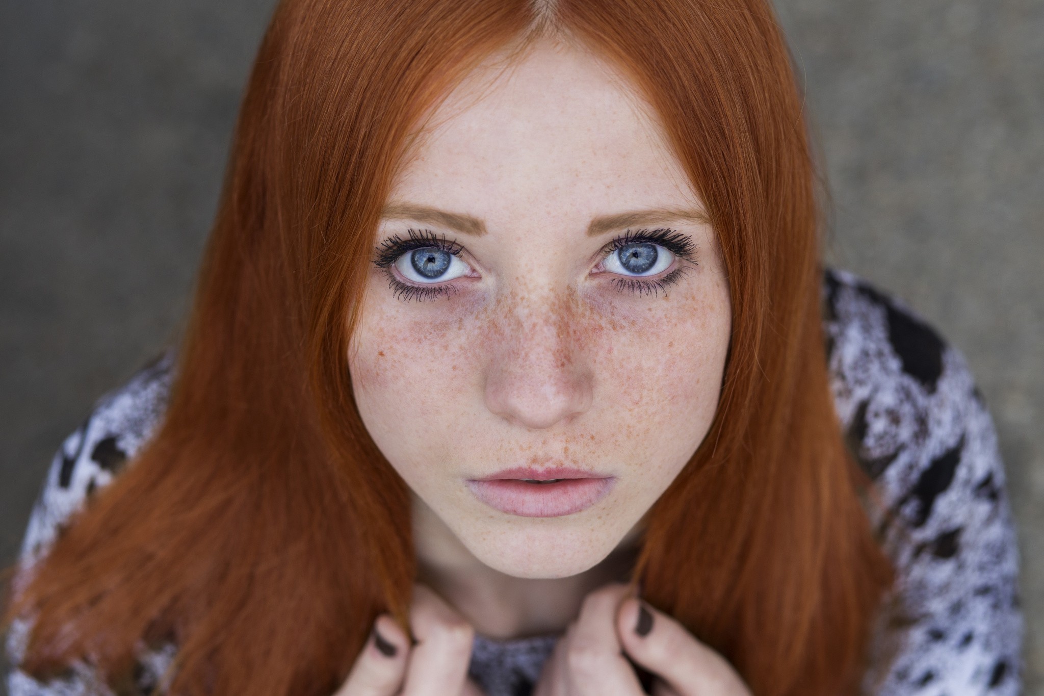 People 2048x1365 redhead freckles women face blue eyes 500px looking at viewer long hair closeup model painted nails black nails Asyma Sefic