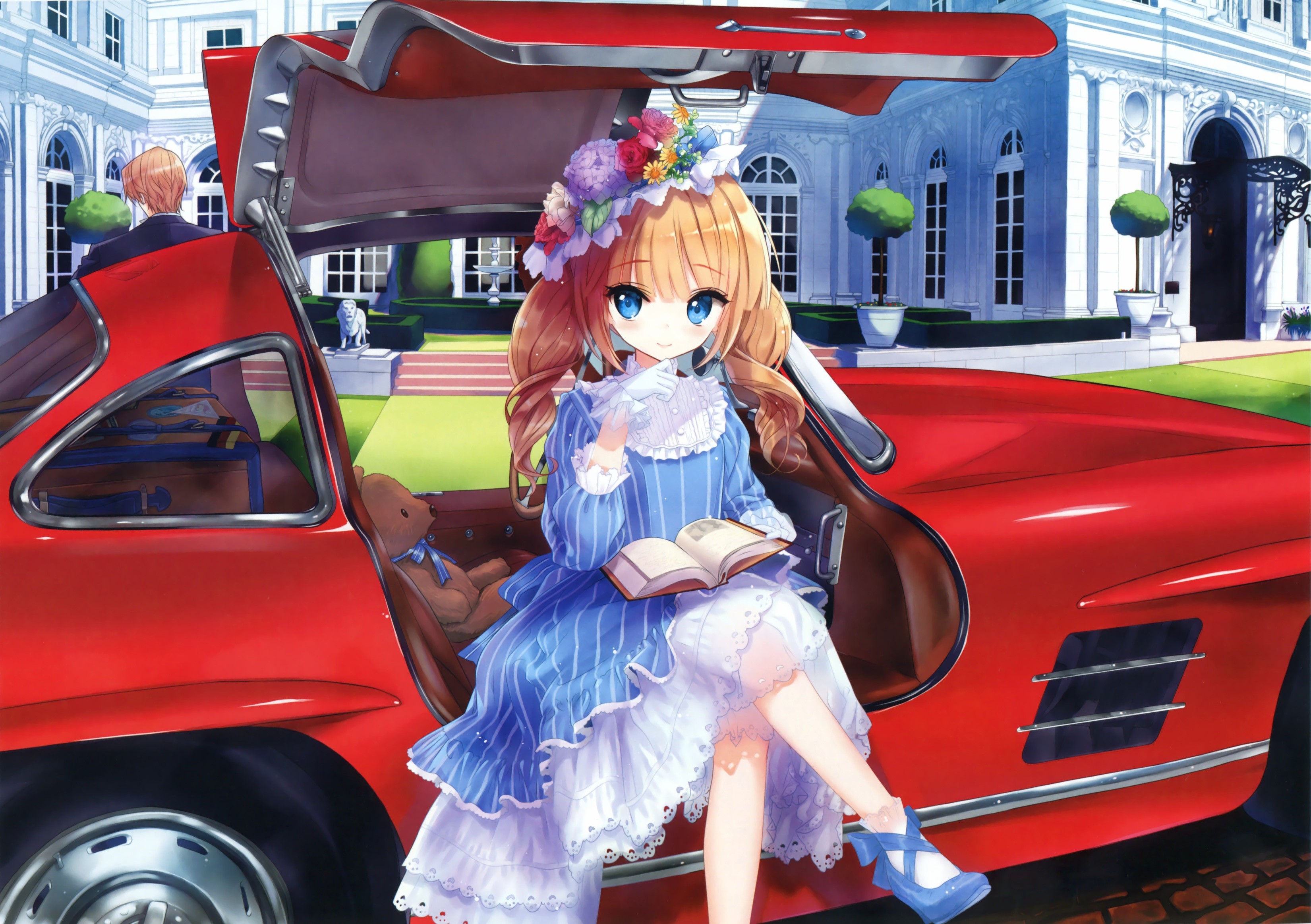 Anime 3300x2326 anime anime girls women with cars red cars vehicle blonde blue eyes dress books colorful