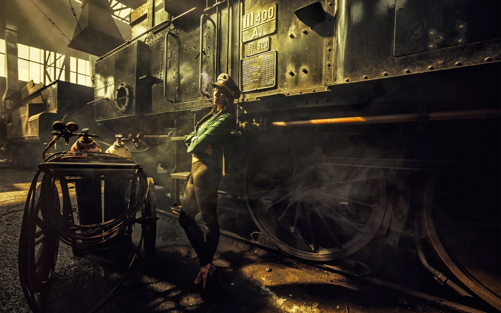 People 1680x1050 steampunk women model smoking train locomotive vehicle hat women with hats standing