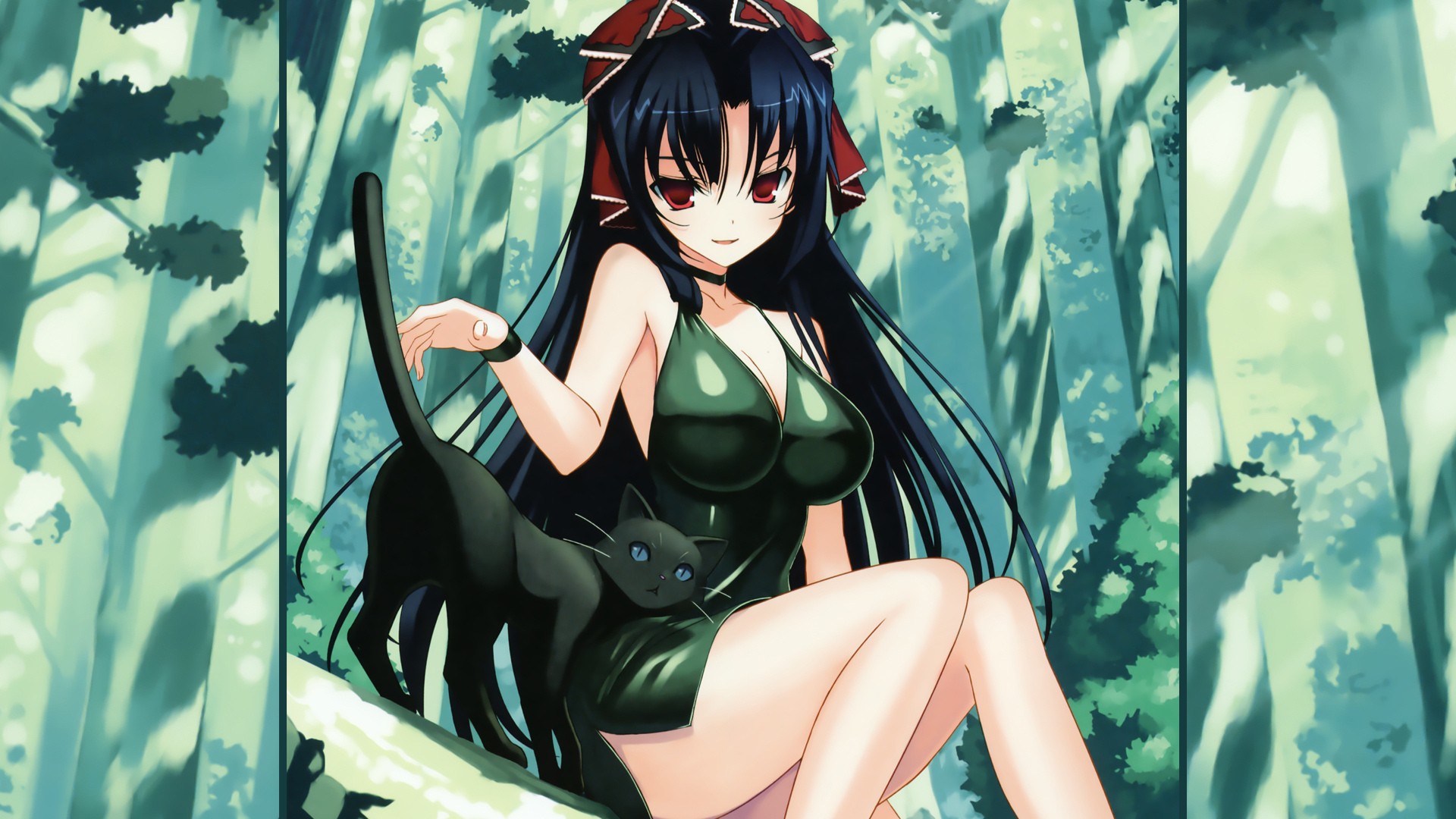 Anime 1920x1080 anime girls long hair cats anime brunette red eyes animals smiling sitting looking at viewer 11 eyes mammals boobs big boobs knees together