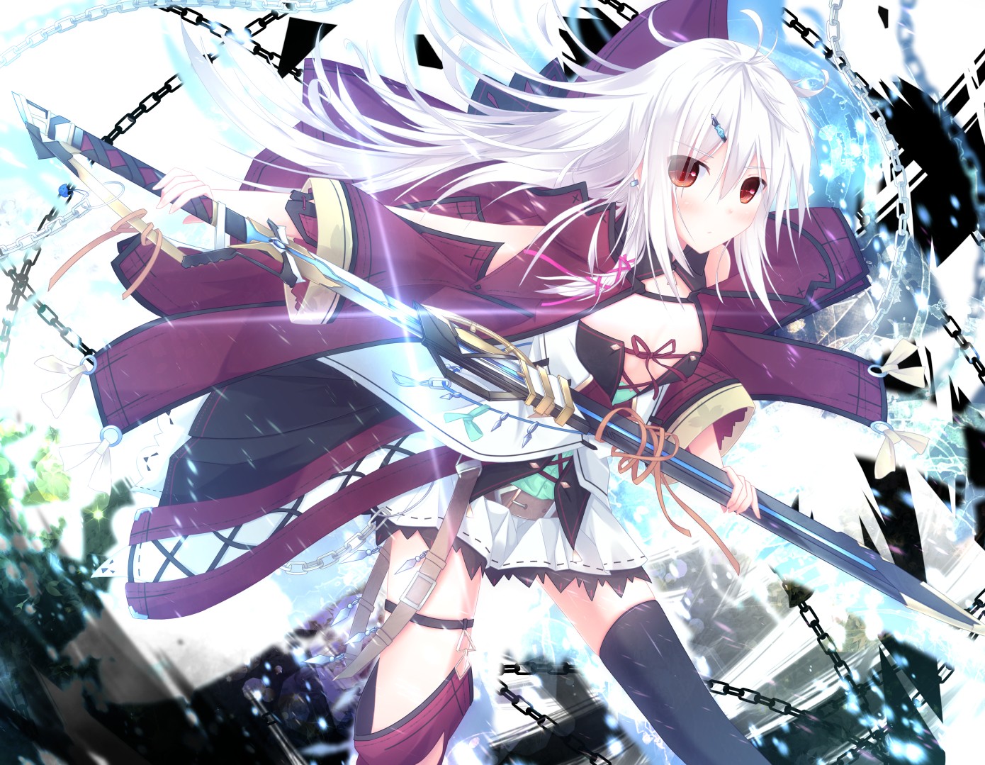 Original Characters Long Hair Fantasy Girl Women With Swords Red Eyes Jewelry Ribbon