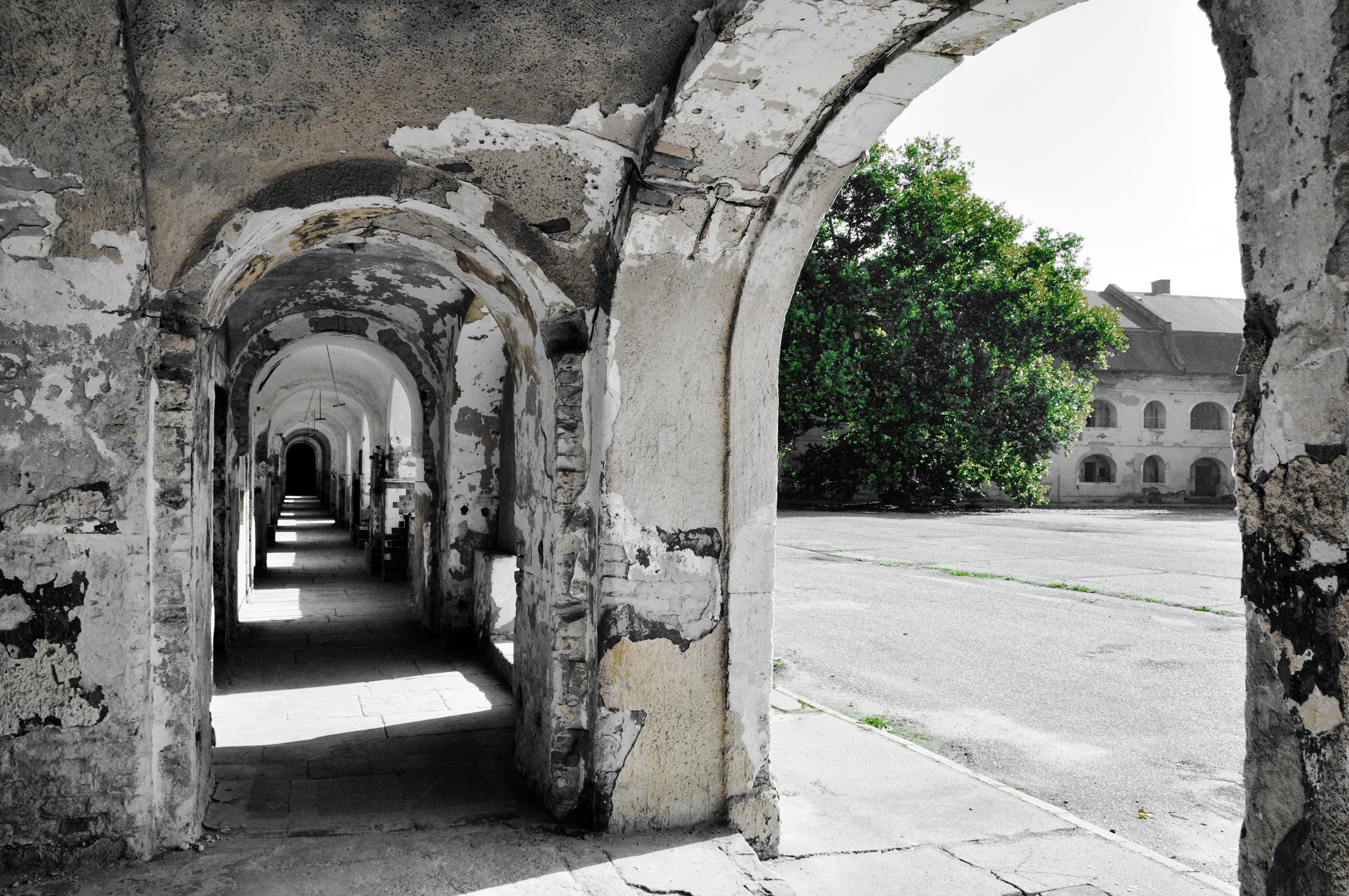 General 4288x2848 architecture old building ruins abandoned Slovakia history arch trees sunlight shadow monastery town square selective coloring