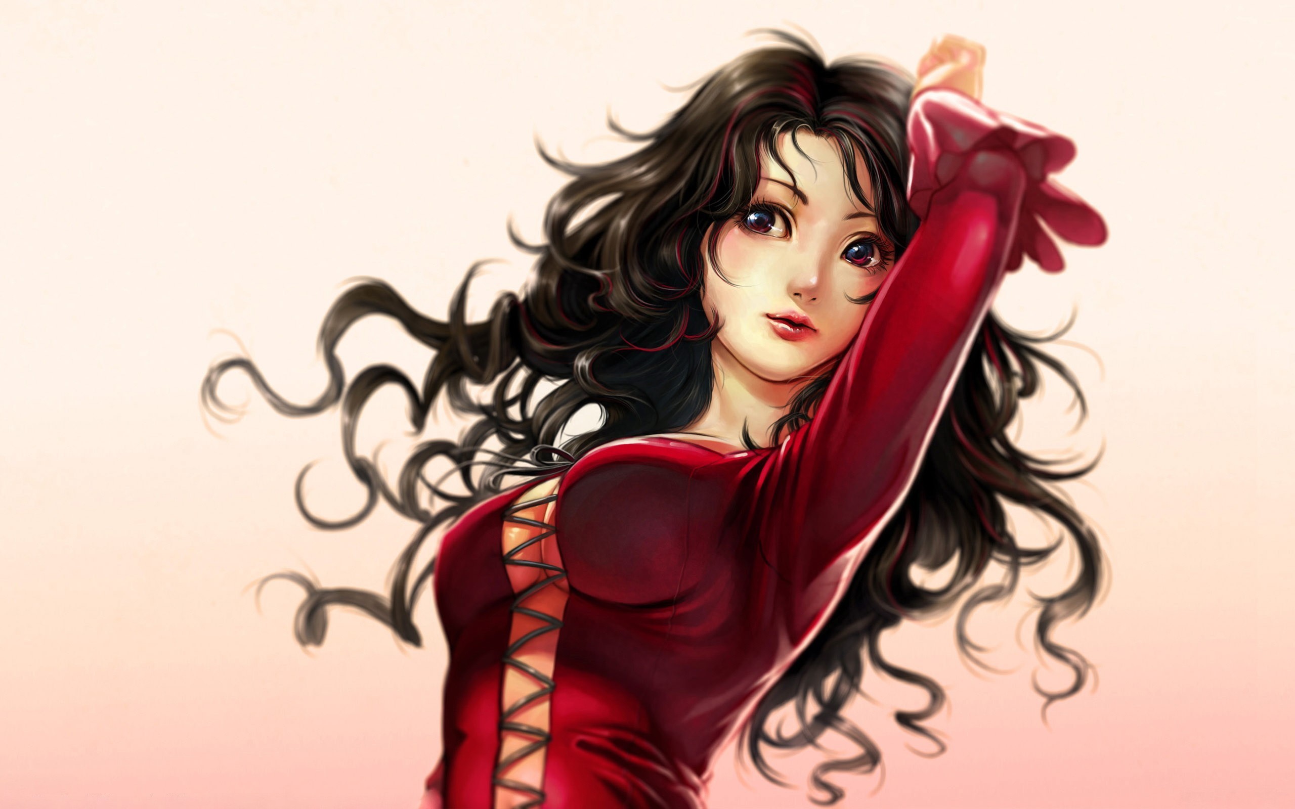 Anime 2560x1600 anime girls curly hair long hair boobs dark hair arms up simple background women