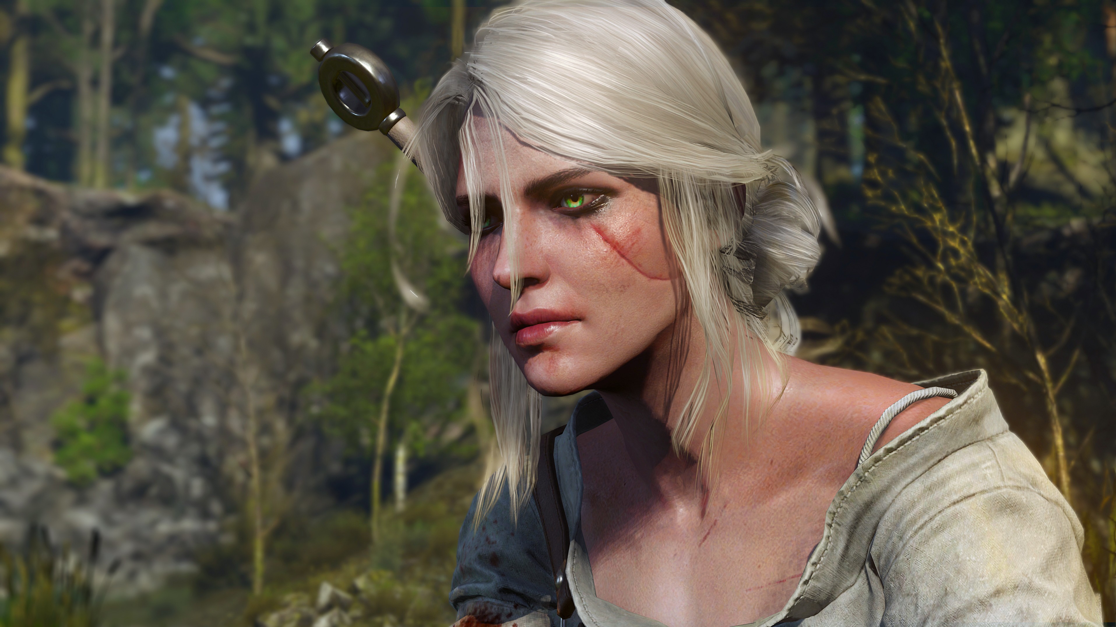 General 3830x2152 Cirilla Fiona Elen Riannon The Witcher 3: Wild Hunt The Witcher video games fantasy girl white hair CD Projekt RED video game characters video game girls green eyes scars