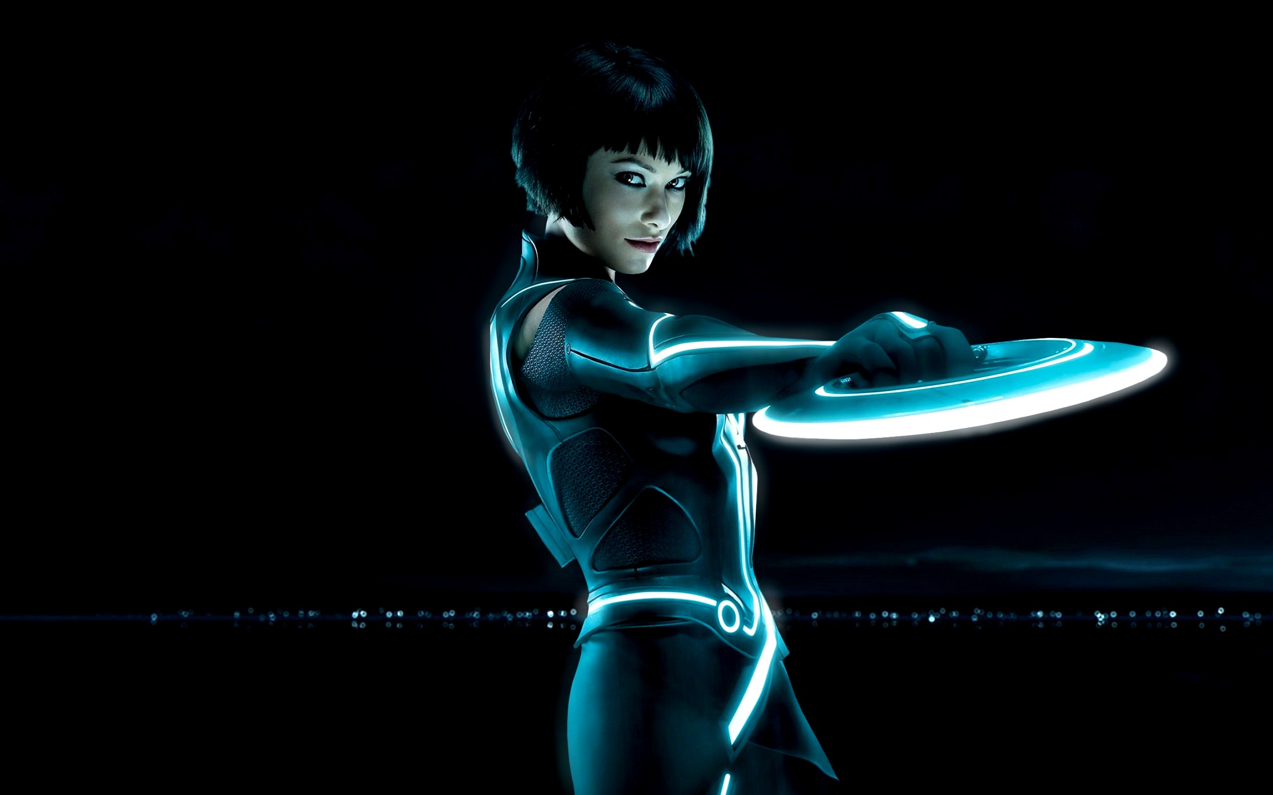 People 2560x1600 Tron: Legacy Quorra movies Tron cyan looking at viewer science fiction women actress black hair black background science fiction women
