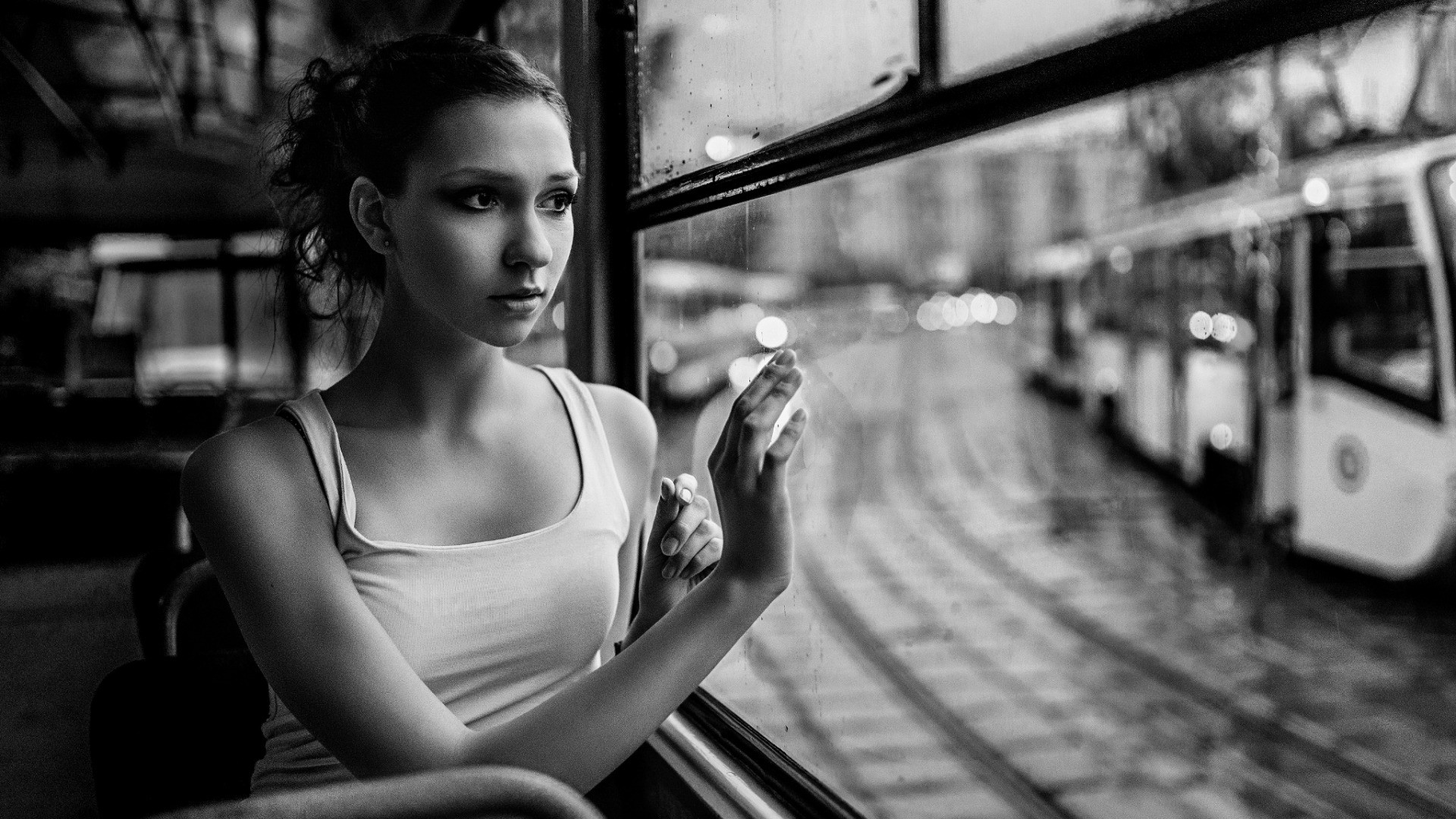 People 1920x1080 women monochrome train vehicle looking out window hands on glass model face sitting in bus