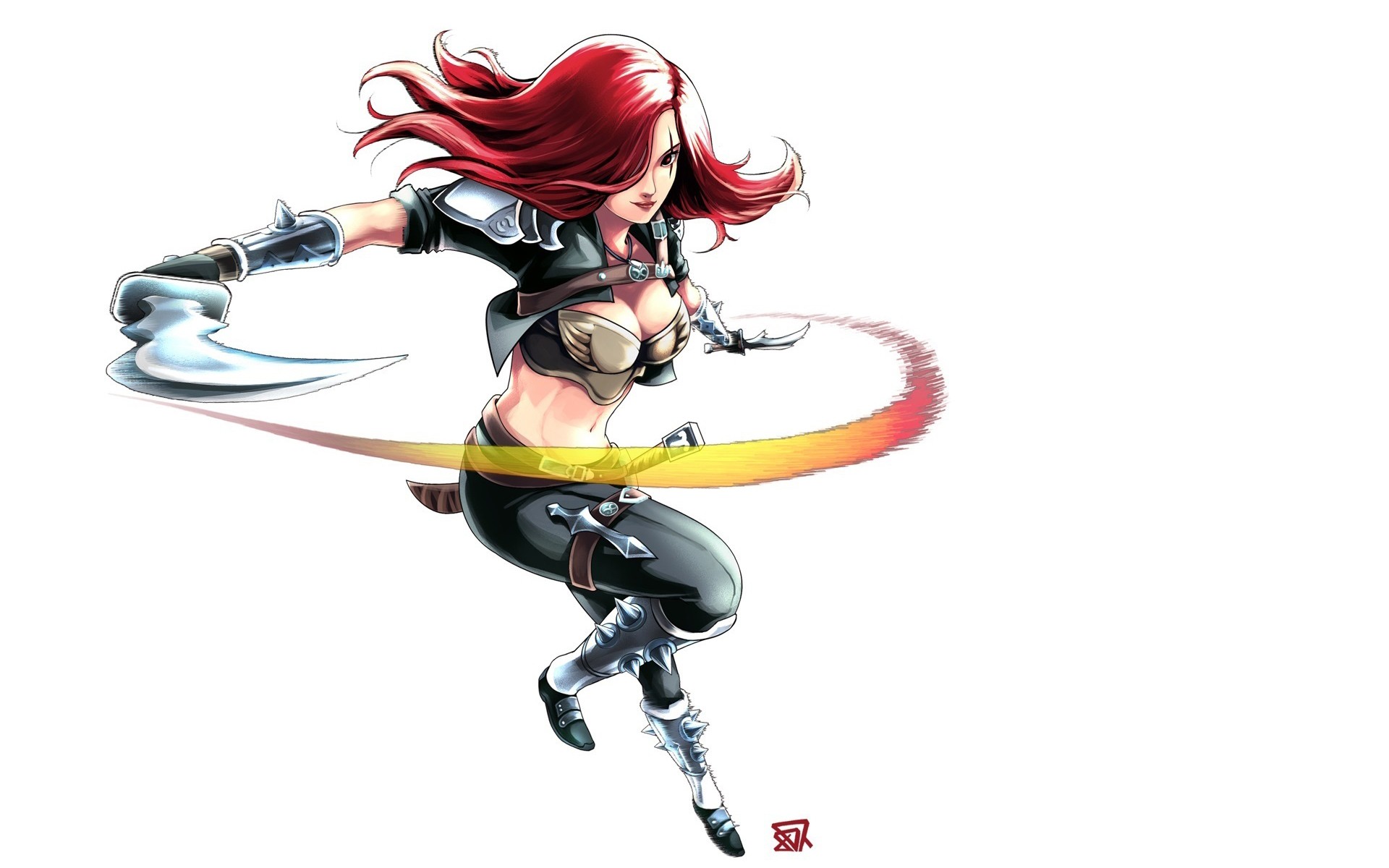 Anime 1920x1200 League of Legends video games Katarina (League of Legends) redhead long hair boobs cleavage belly women with swords sword weapon simple background white background PC gaming video game art video game girls fantasy art fantasy girl