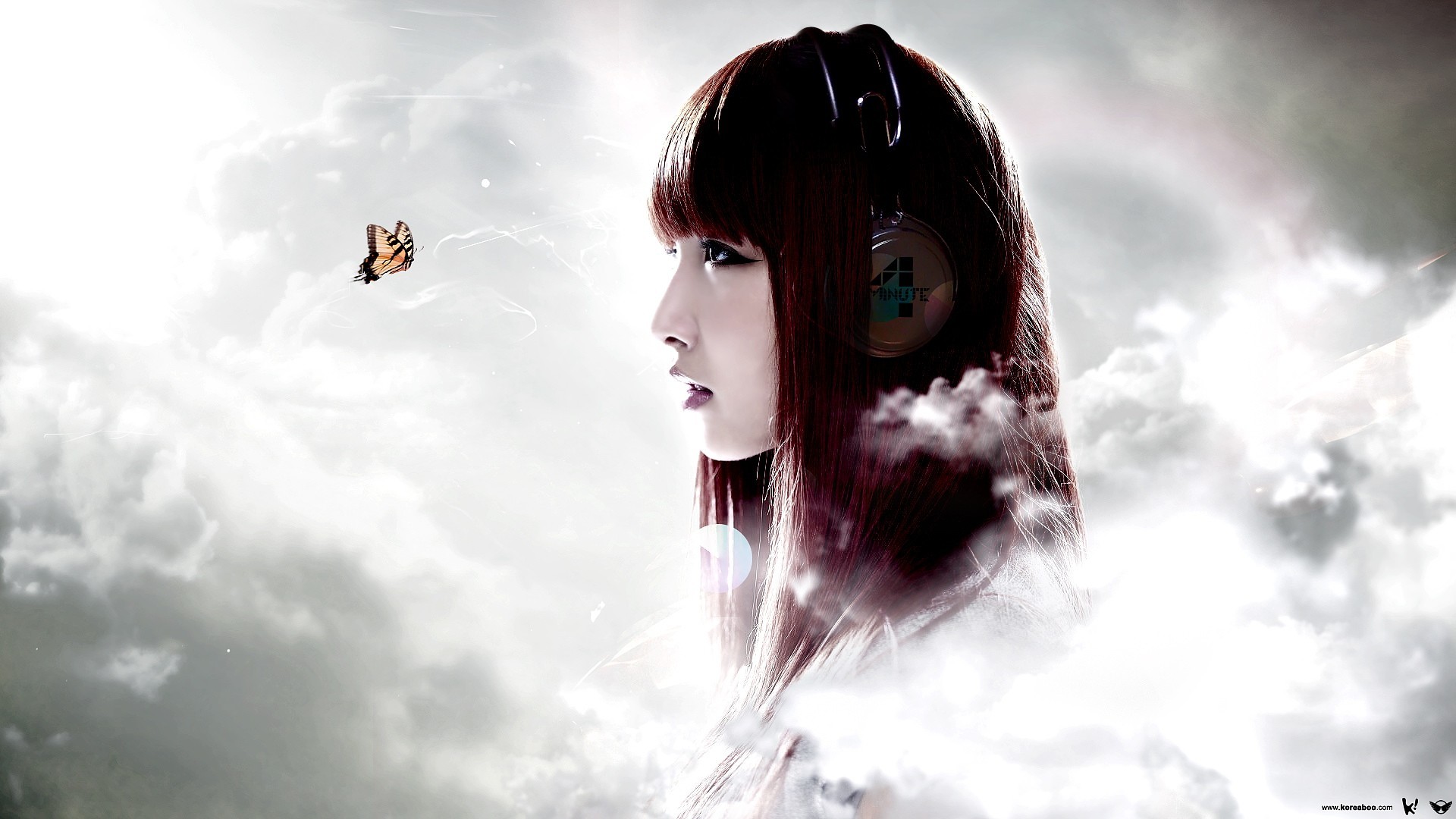 General 1920x1080 fantasy girl headphones butterfly Asian face profile women animals insect makeup sky clouds