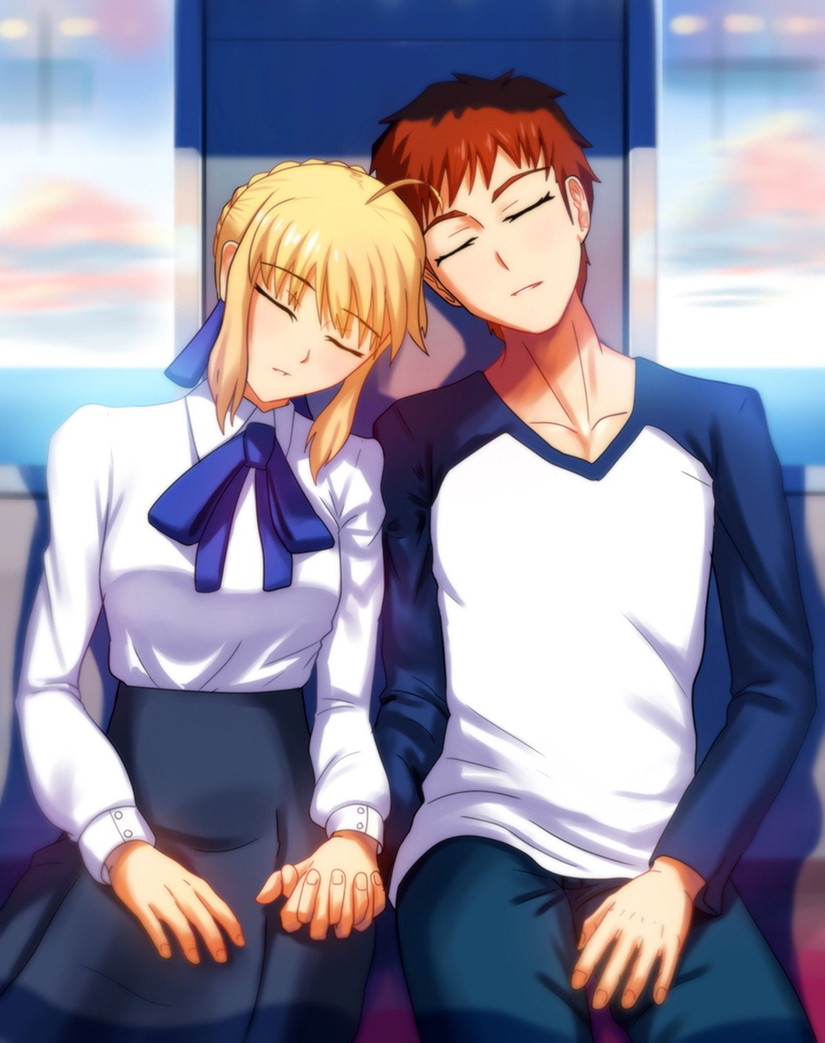 Anime 1200x1518 Fate series Saber sleeping anime girls anime boys holding hands couple blonde redhead women men anime sitting closed eyes