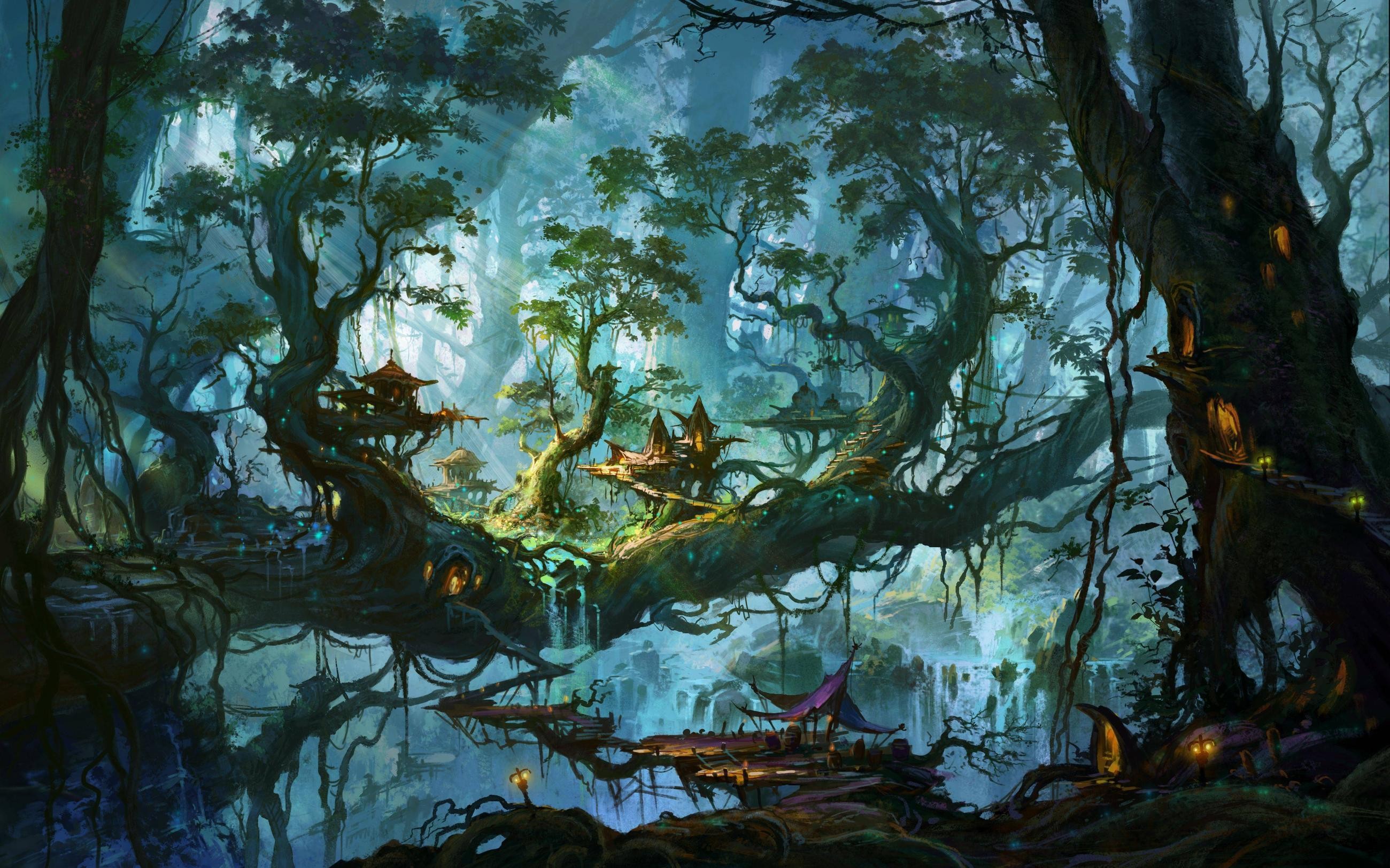 General 2600x1625 fantasy art artwork digital art forest trees waterfall tree house village