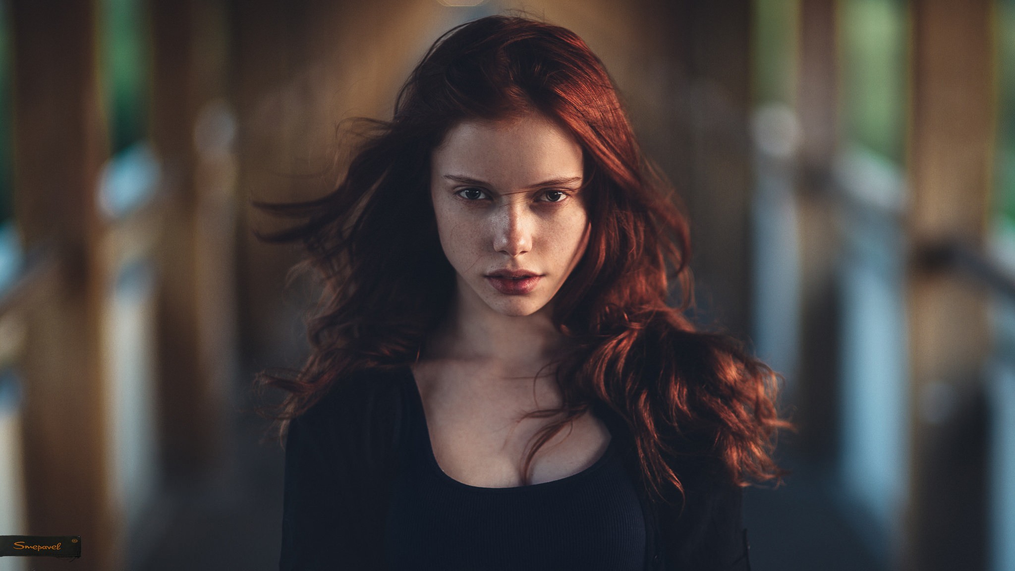 People 2048x1152 women model face portrait redhead Ekaterina Yasnogorodskaya looking at viewer long hair black clothing