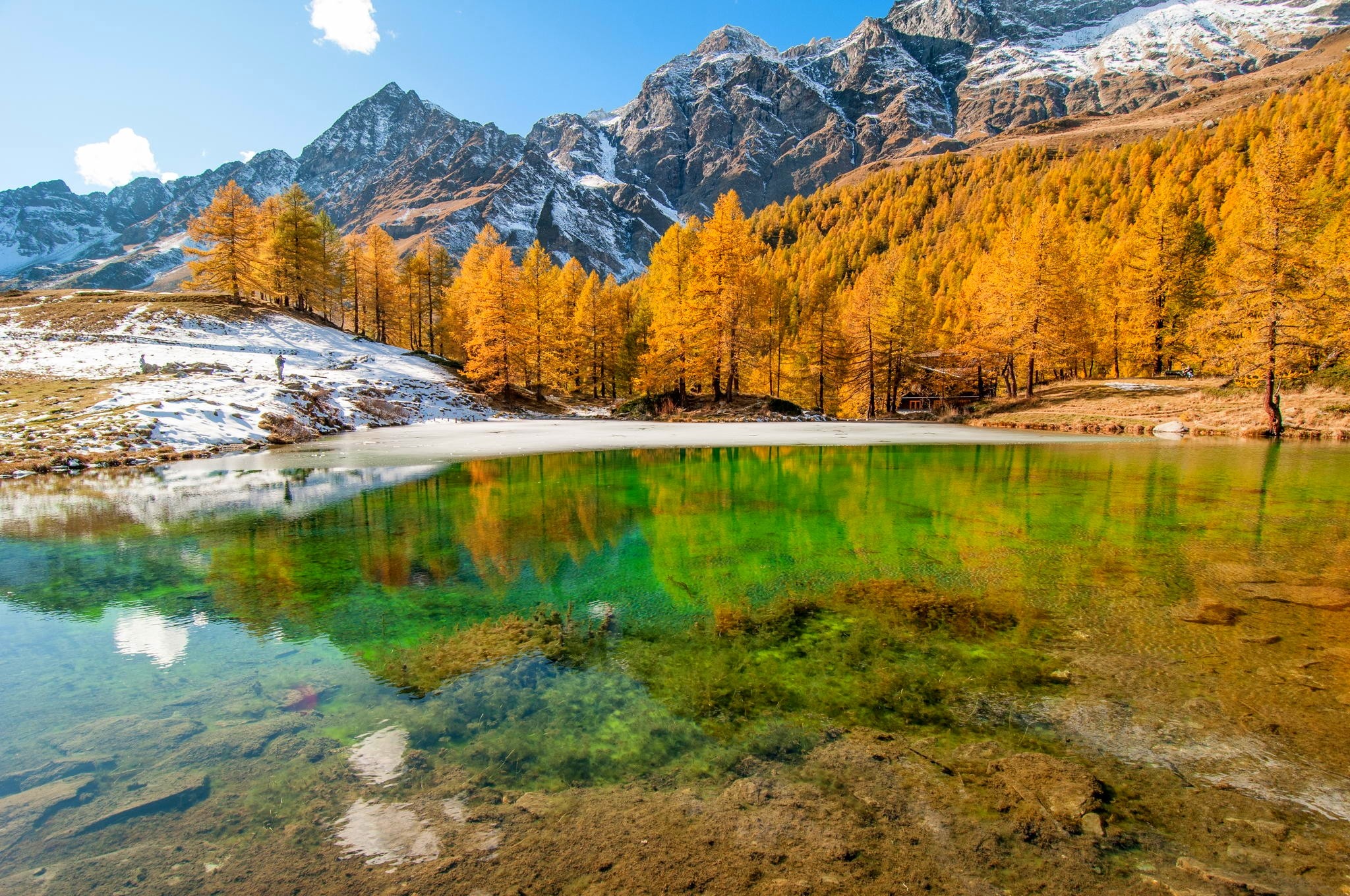 General 2048x1360 landscape nature lake mountains forest fall Italy snow trees snowy peak water gold green reflection
