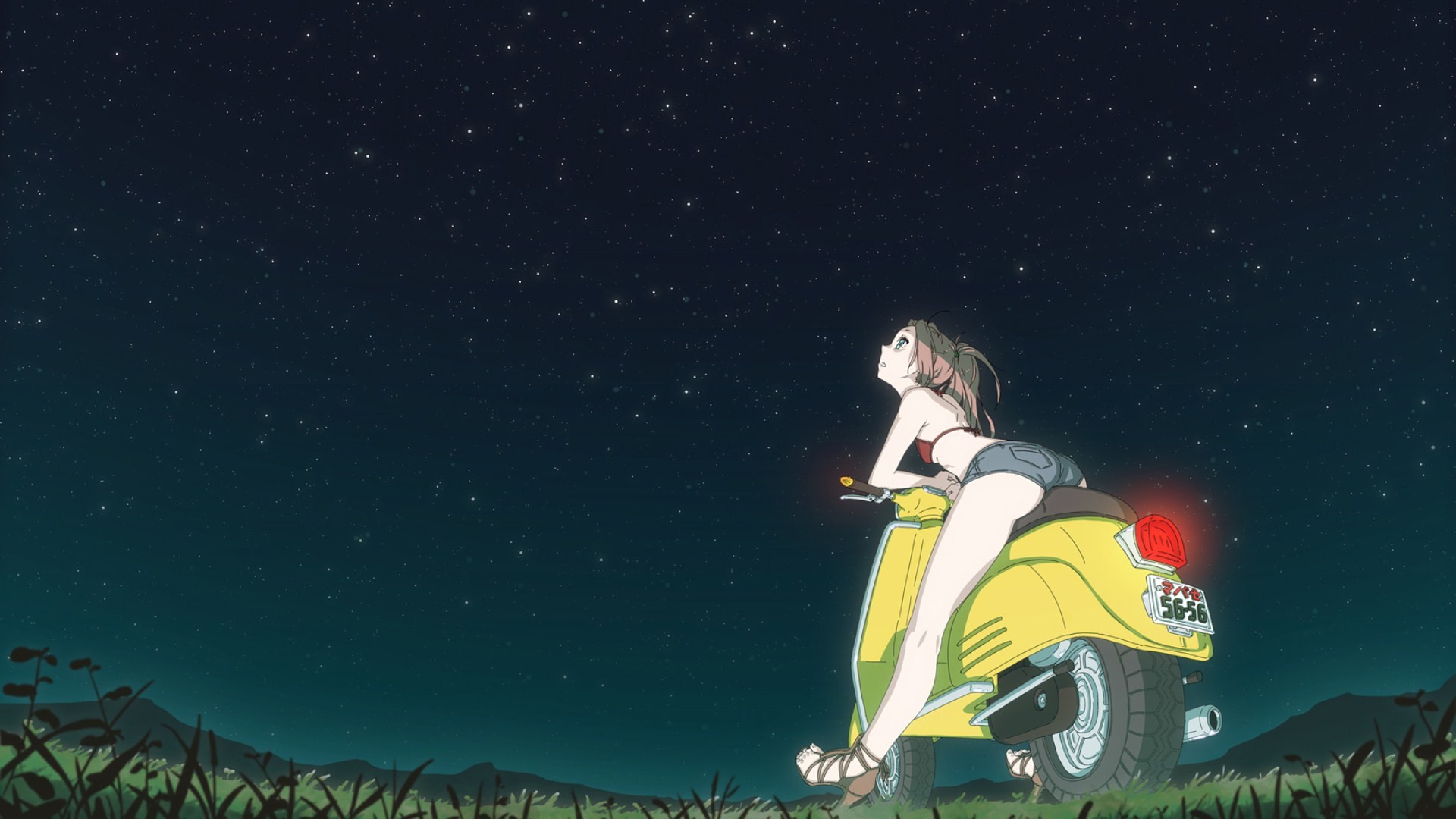 Anime 1920x1080 anime girls FLCL Haruhara Haruko scooters night space Vespa women with scooters legs sky starry night vehicle looking up ass bra numbers women outdoors outdoors short shorts