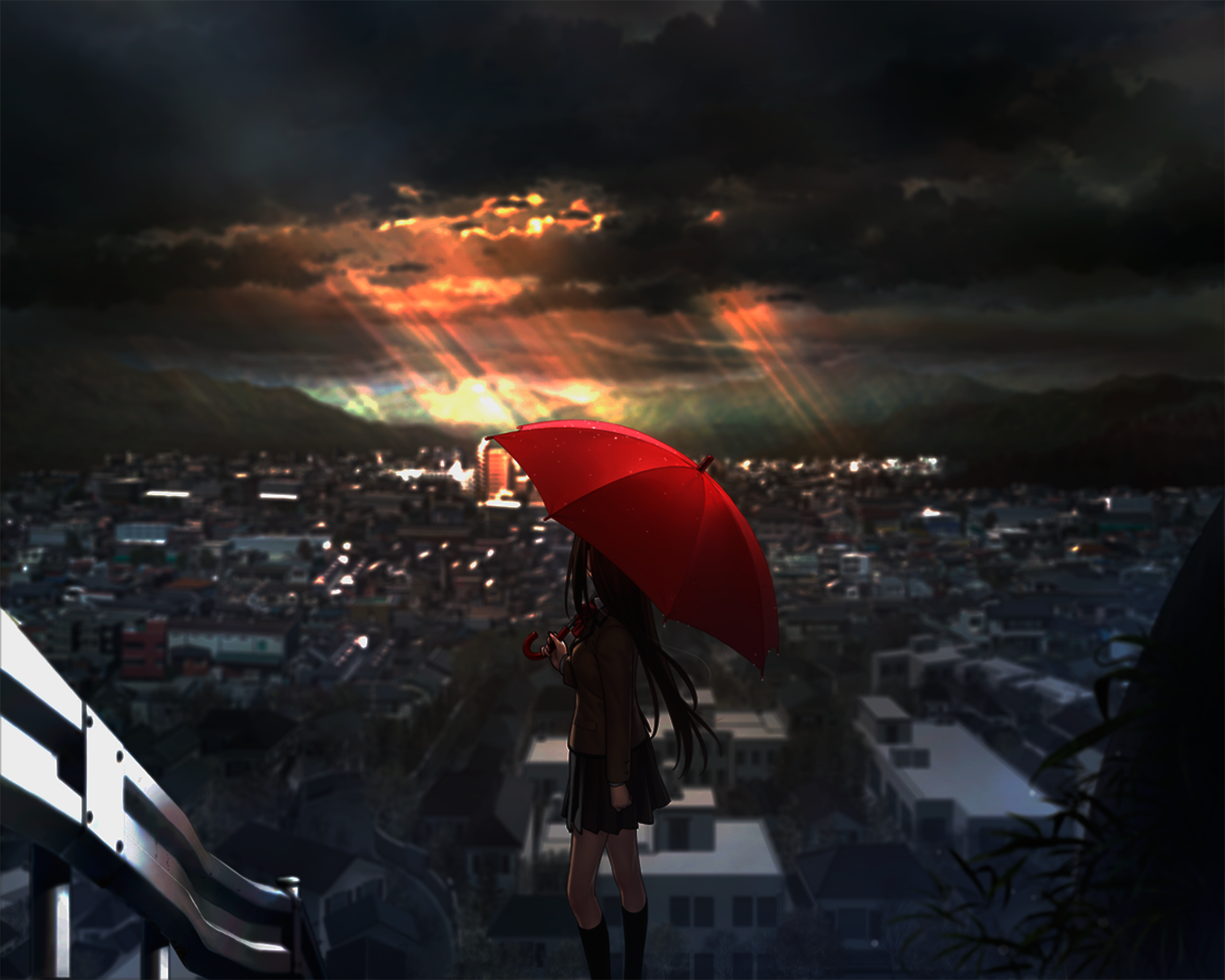Anime 1920x1536 anime girls anime Mahoutsukai no Yoru Aozaki Aoko umbrella dark sky sunlight women outdoors urban women with umbrella clouds cityscape