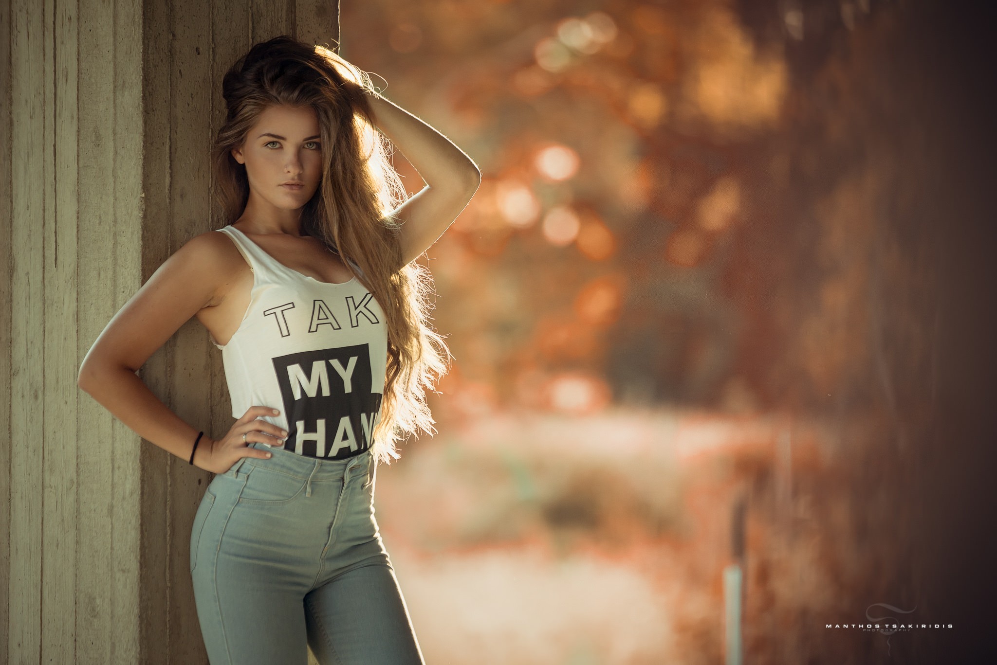 People 2048x1367 model blonde jeans hands in hair women long hair women outdoors pierced nose Manthos Tsakiridis high waisted looking at viewer white tops bare shoulders blurred bokeh hands on head hands on hips tight clothing