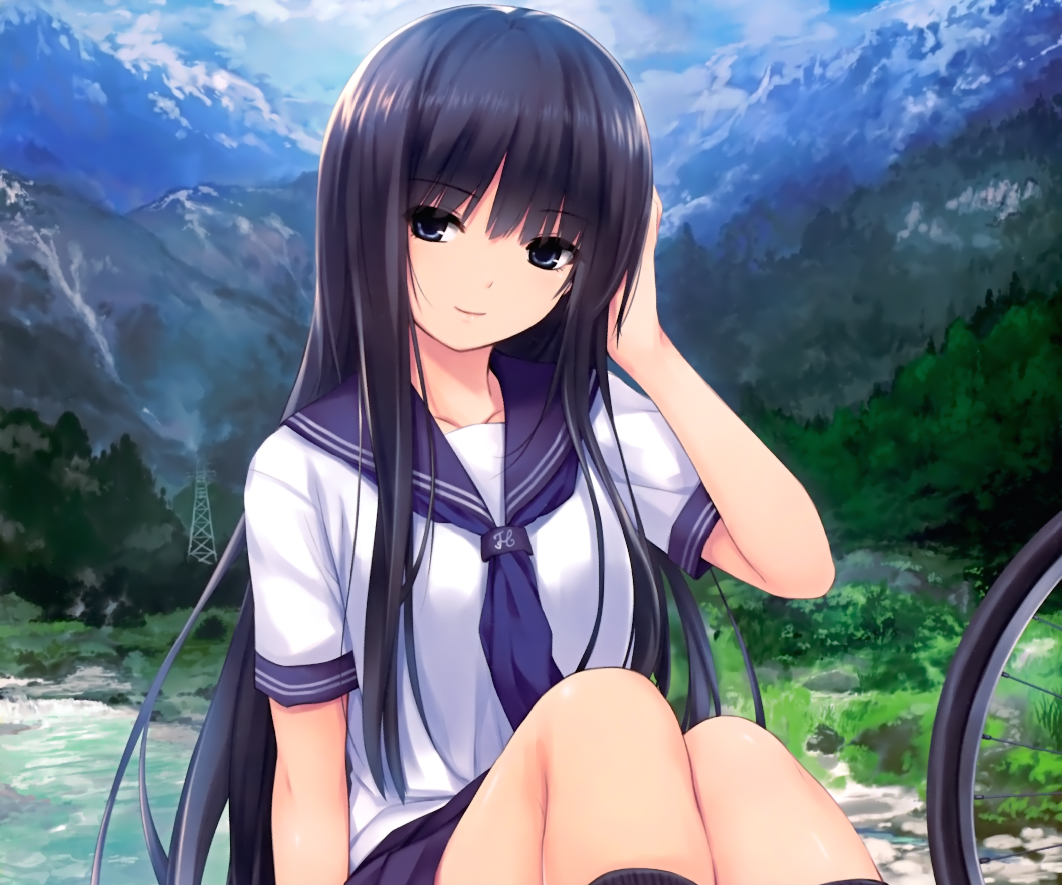 Anime 2118x1765 anime girls long hair Coffee-Kizoku school uniform schoolgirl dark hair anime looking at viewer knees together