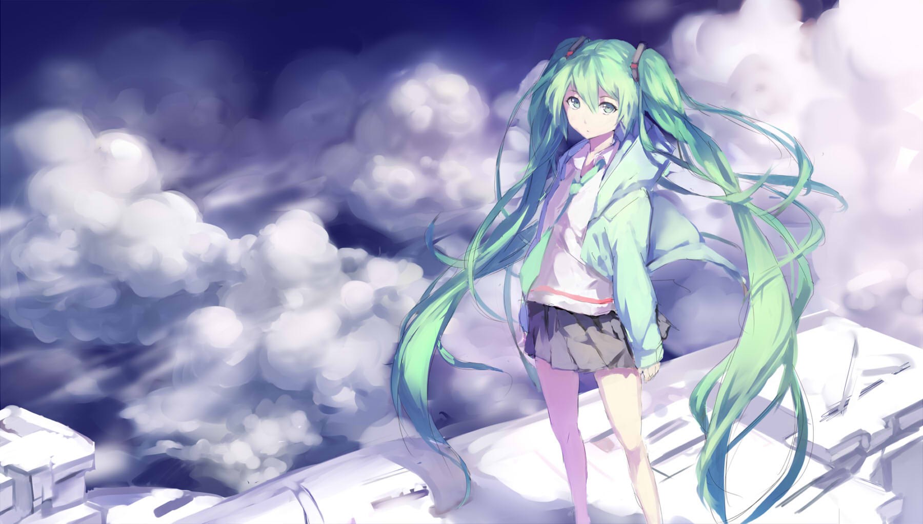Anime 1800x1022 Vocaloid Hatsune Miku long hair twintails tie skirt wind clouds anime girls anime sky