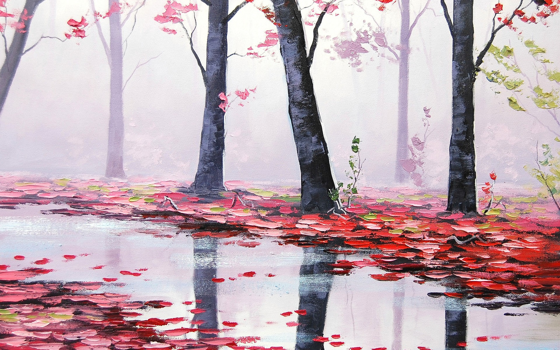 General 1920x1200 nature red rain painting Graham Gercken artwork trees plants water reflection
