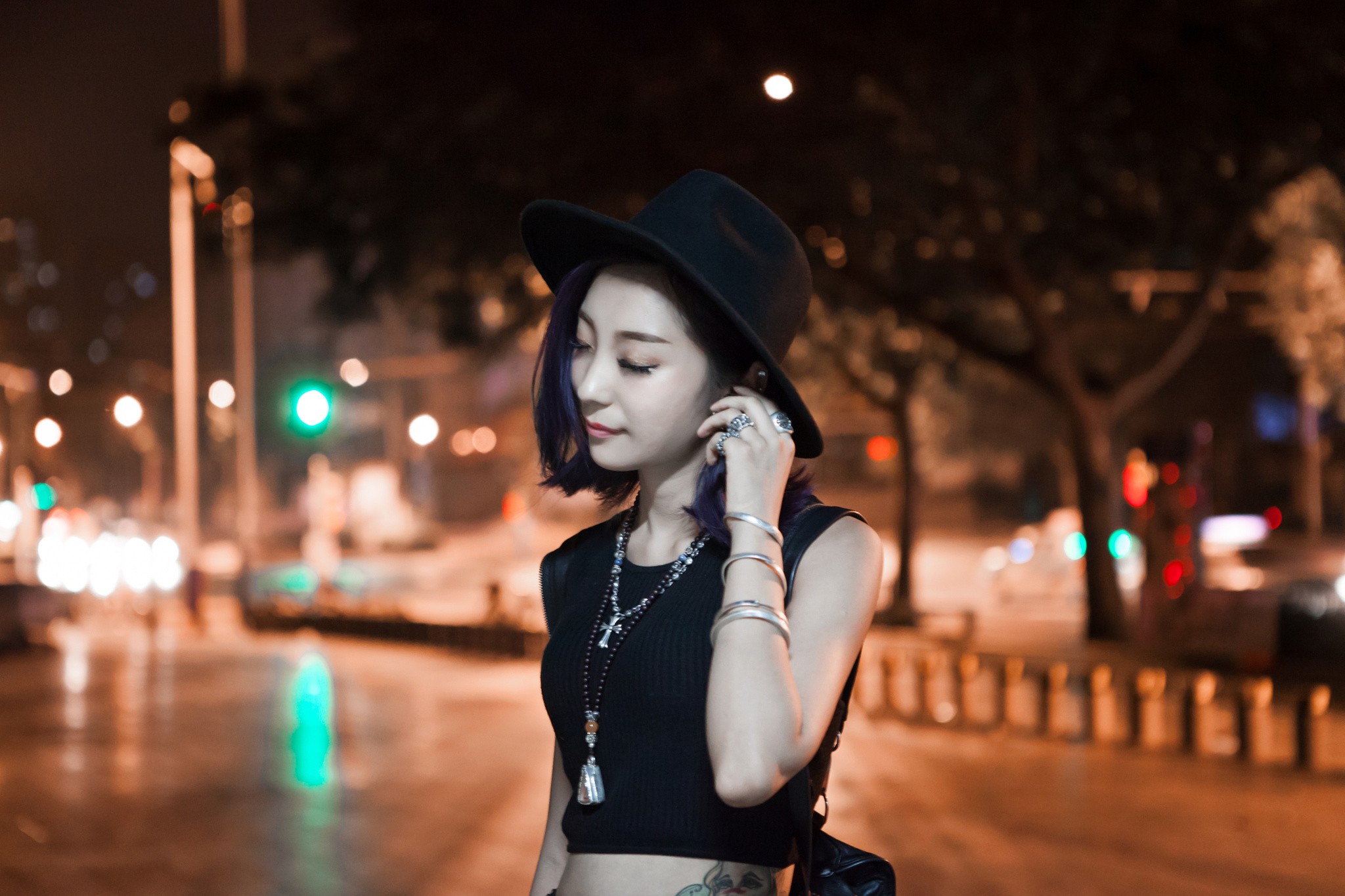 People 2048x1365 women face portrait Asian tattoo hat closed eyes millinery outdoors bracelets necklace dyed hair short hair urban women with hats city lights pale black top makeup inked girls rings women outdoors