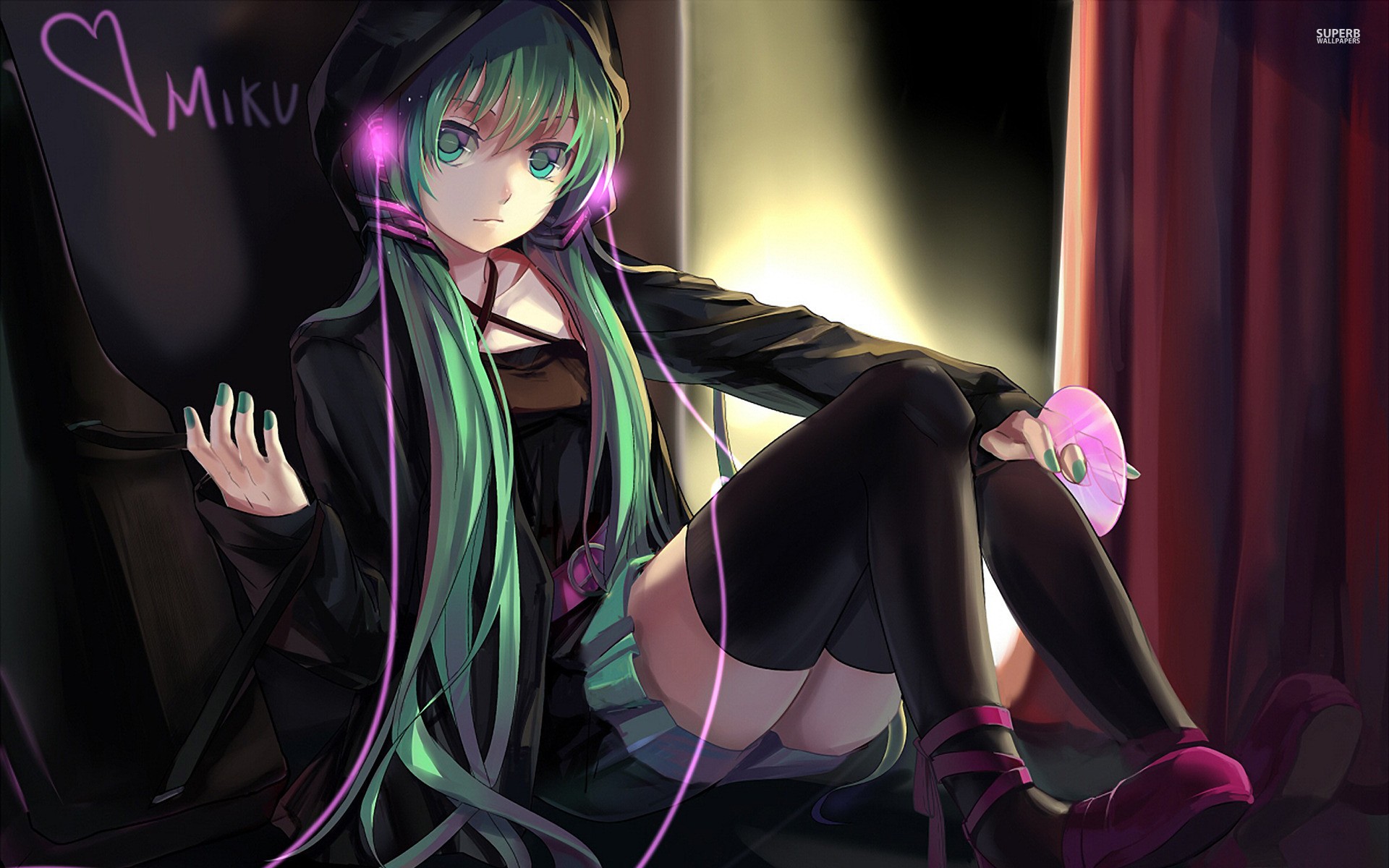 Anime 1920x1200 anime girls anime Hatsune Miku Vocaloid Rifsom green hair heart (design) long hair thighs together stockings black stockings green eyes green nails painted nails