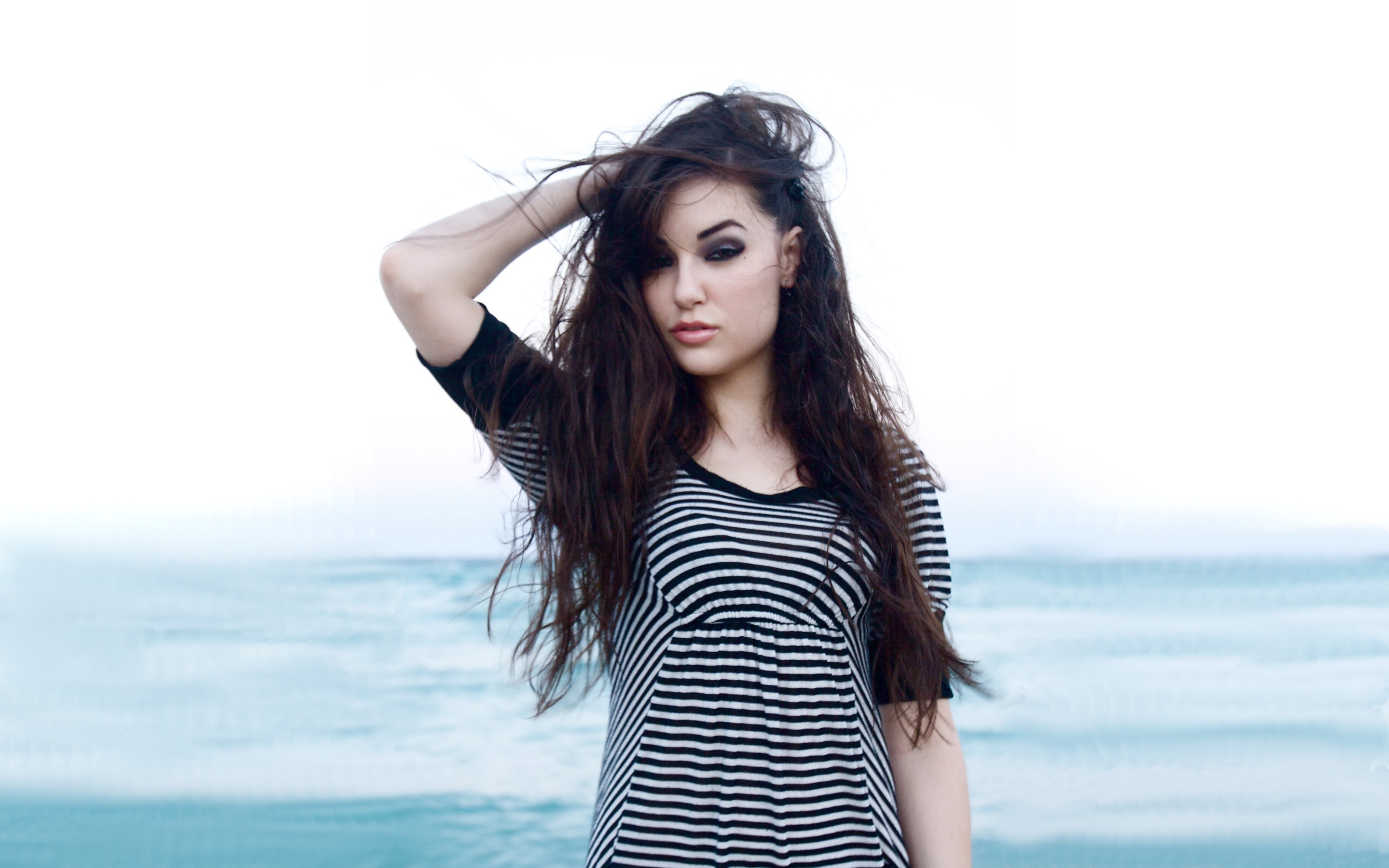 People 3200x2000 Sasha Grey brunette long hair pornstar looking at viewer arms up women women outdoors outdoors smoky eyes standing