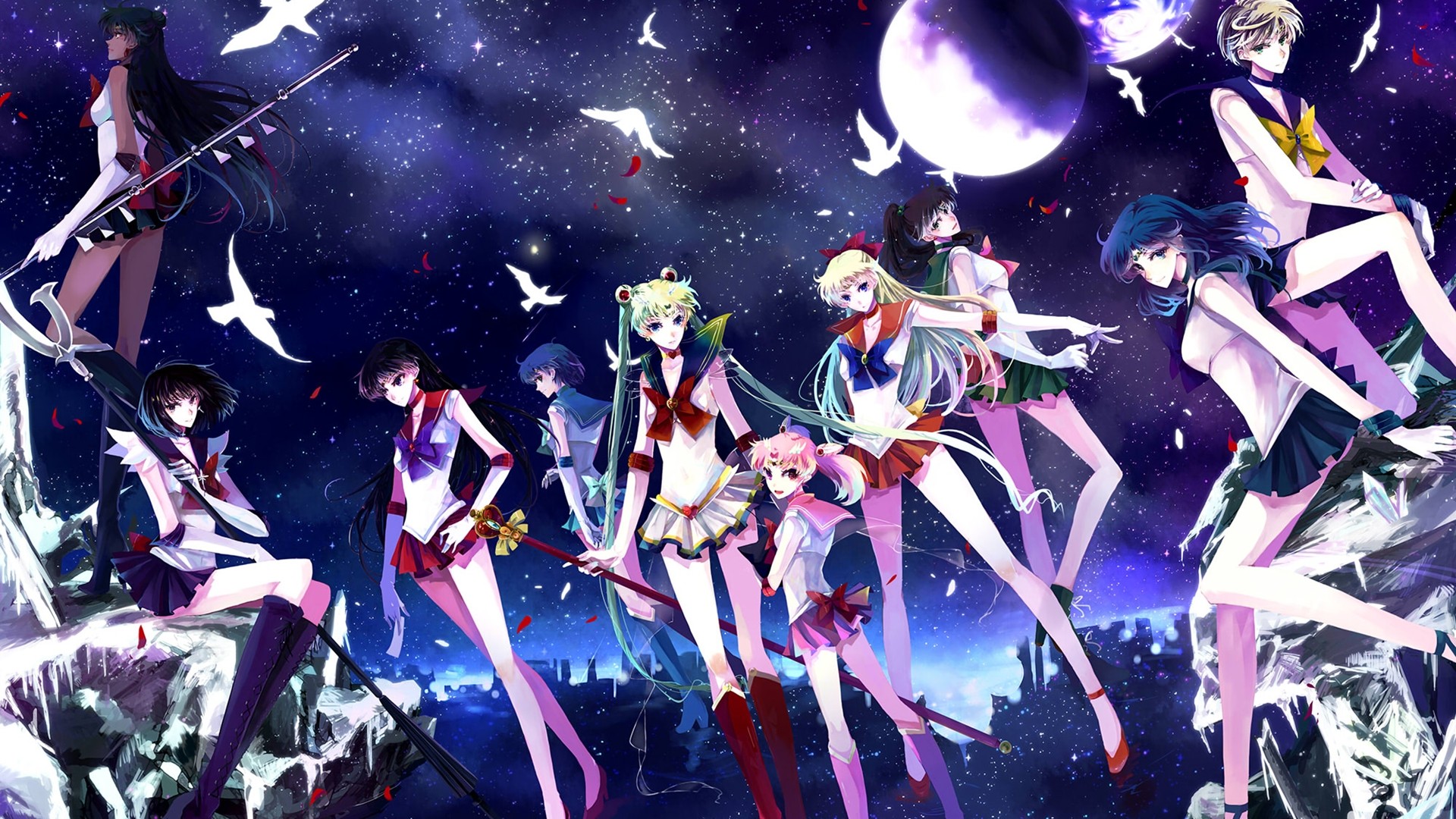 Anime 1920x1080 manga Sailor Moon anime girls Moon night sky standing birds Sailor Moon (Character)